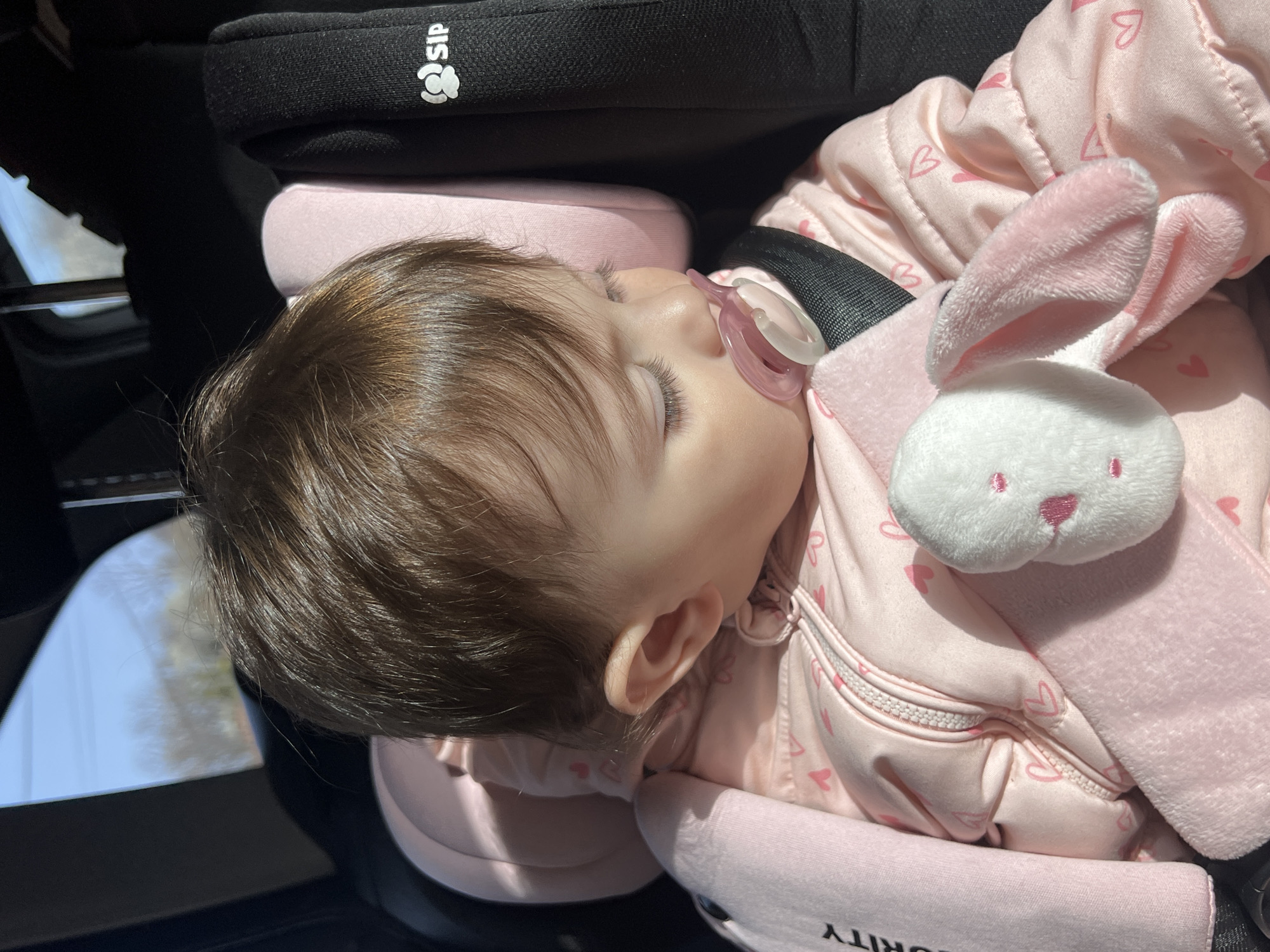 Baby sleeps peacefully in car seat with bunny toy