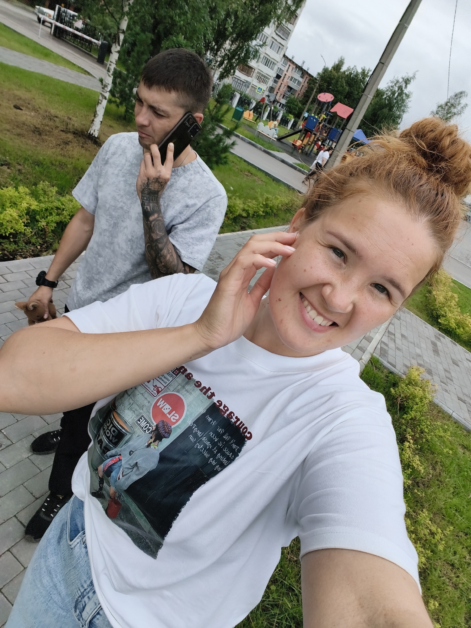 Park visit with bear topiaries, selfies, and a tree-lined walkway
