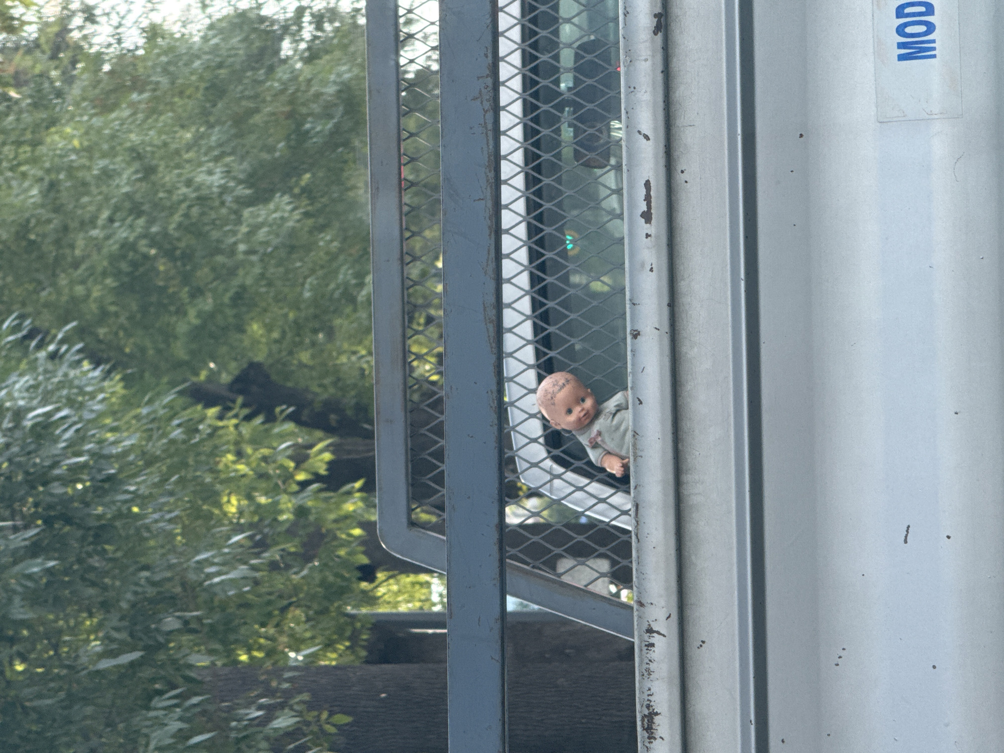Doll spotted behind truck grate in Puebla, Mexico