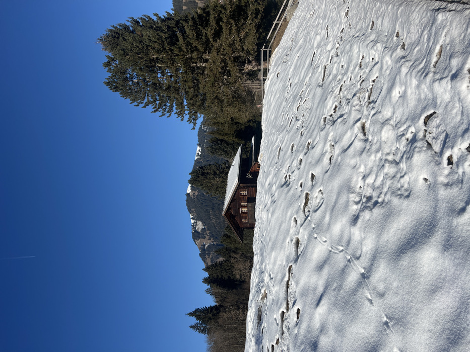Person stands on road amid snowy Swiss alpine scenery