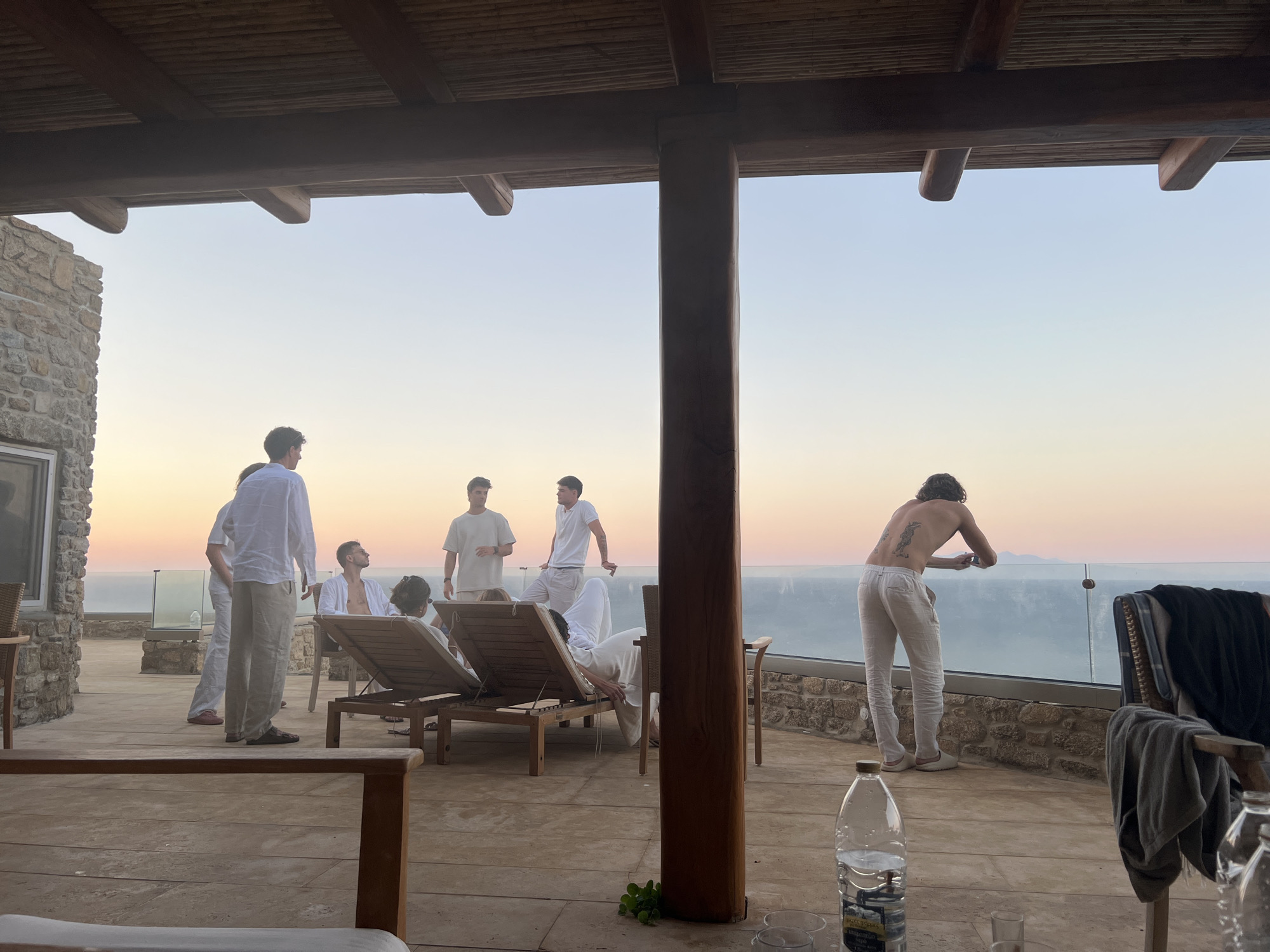Sunset hangout on a sea-view terrace in Greece