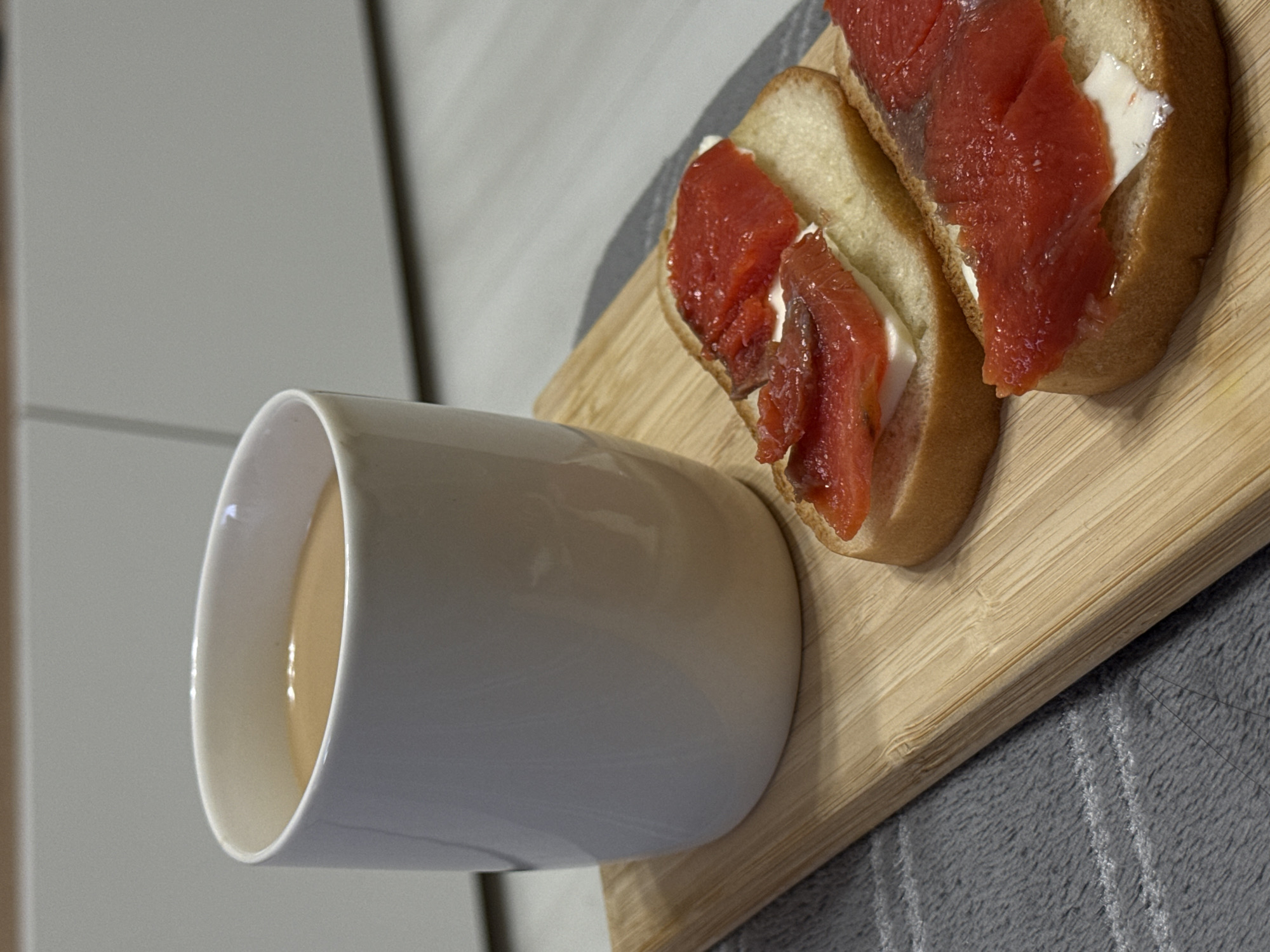 Morning breakfast scene documented with coffee and open-faced sandwiches