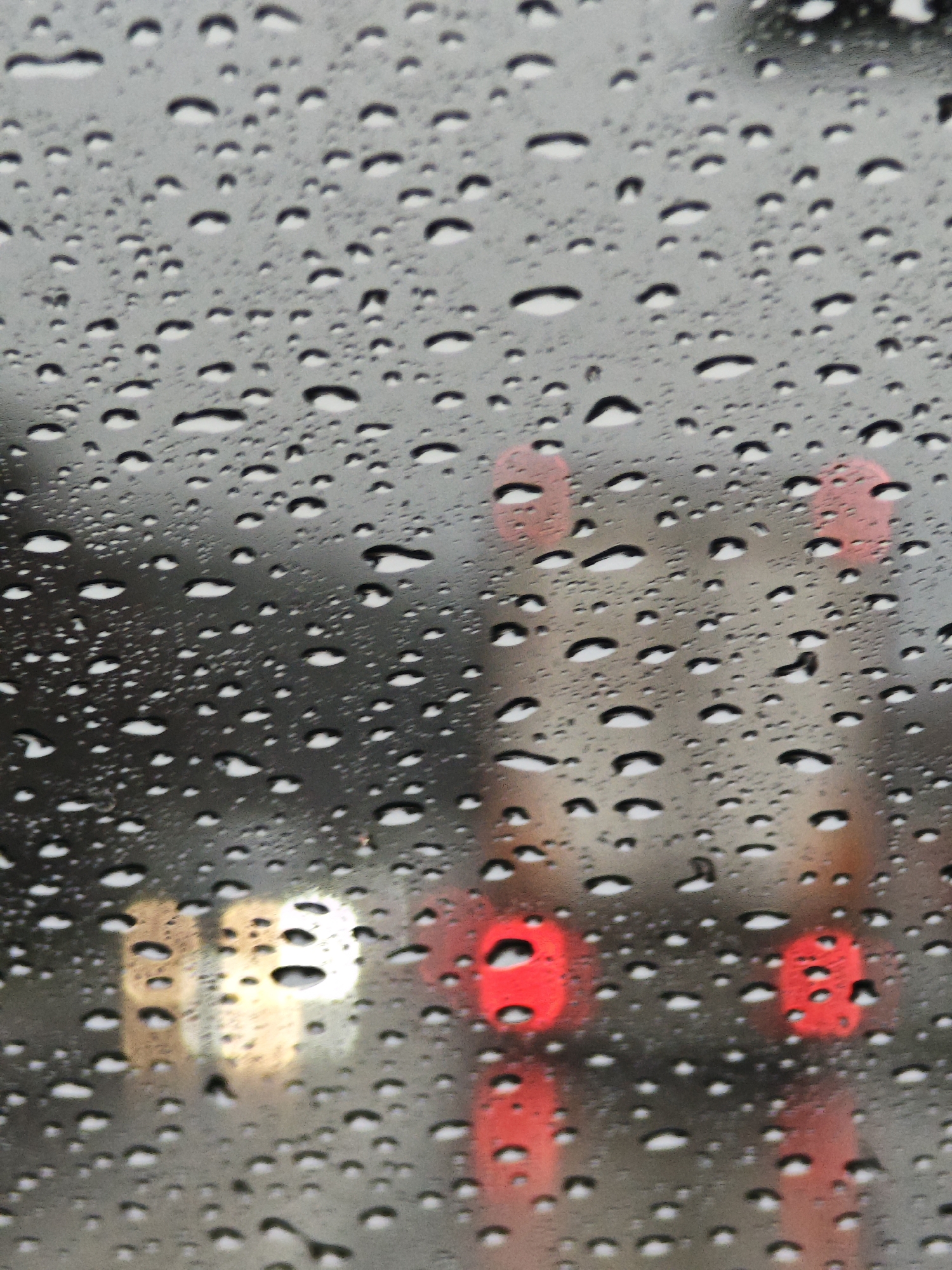 Rainy morning drive through Aksakovo shows blurred traffic lights