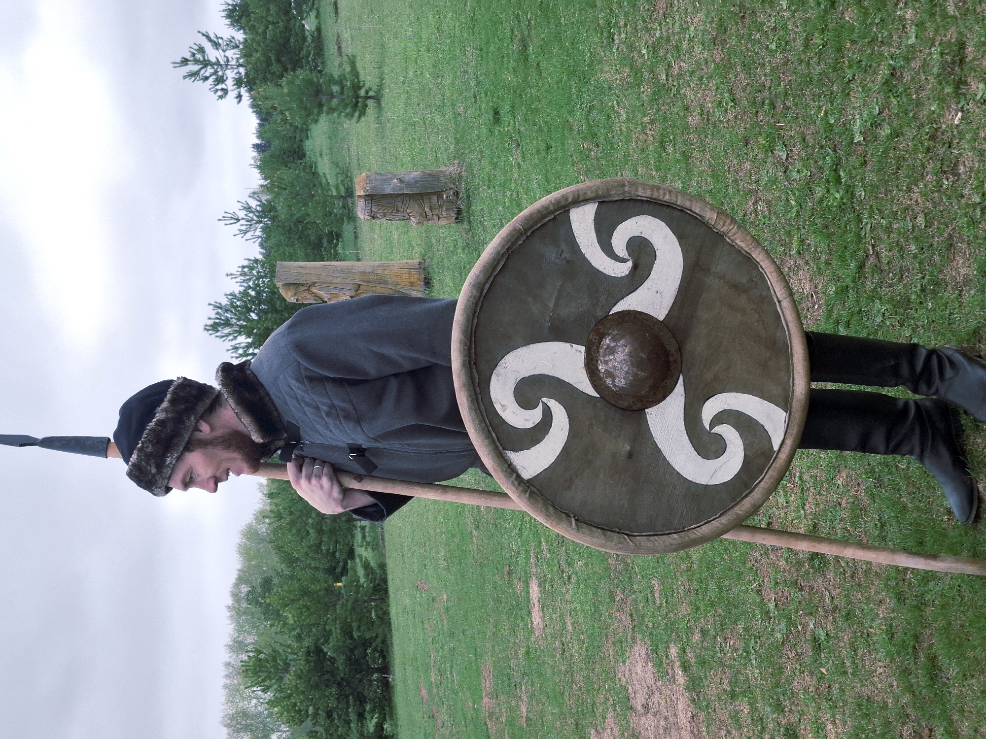 Man with traditional shield and spear spotted in Russian field
