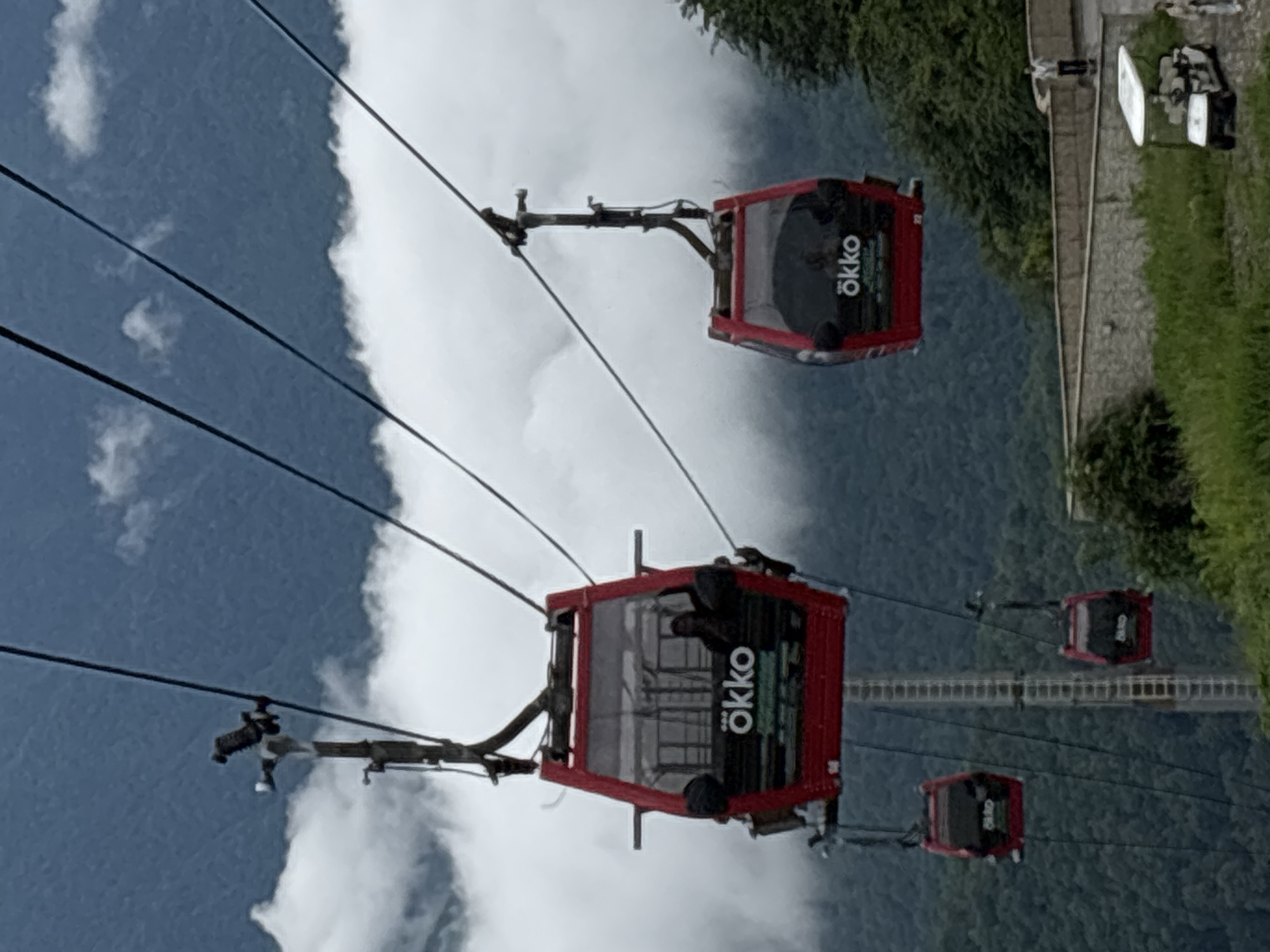 Busy day at a Caucasus mountain resort, cable cars and crowds