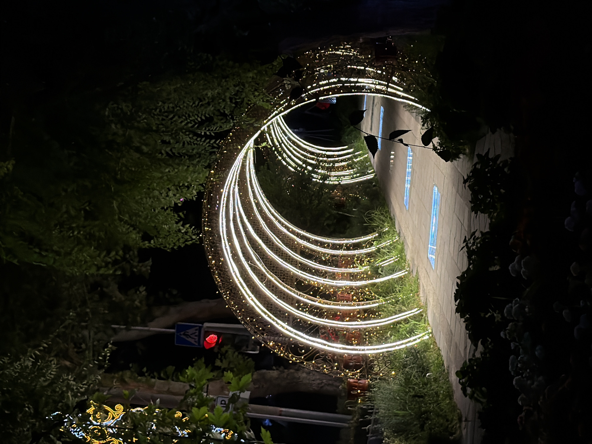 Chirchik park at night: glowing arch tunnel and street cart