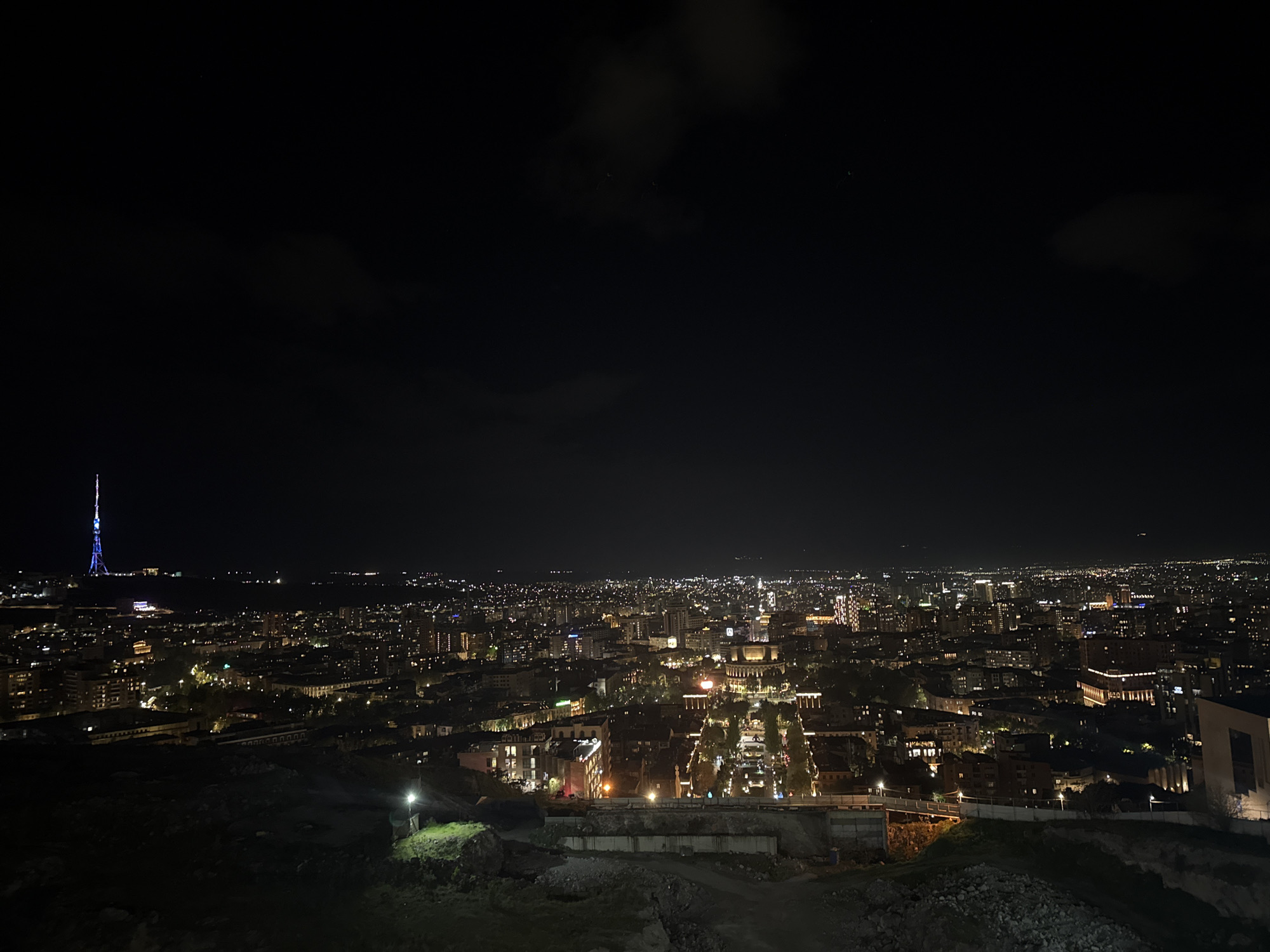 Night view captured of illuminated Yerevan cityscape from elevated position