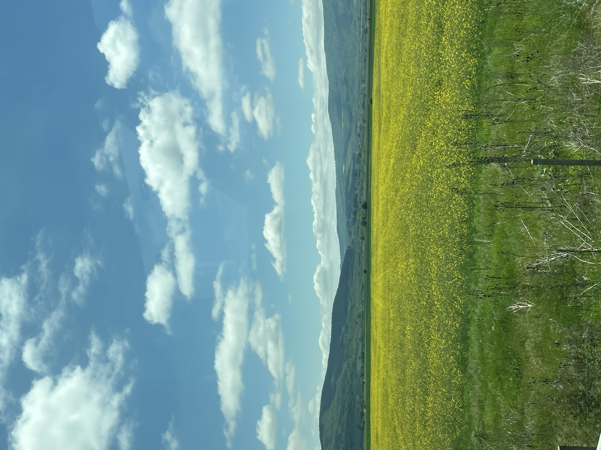 Highway traveler documents rural countryside scenery with fields and mountains