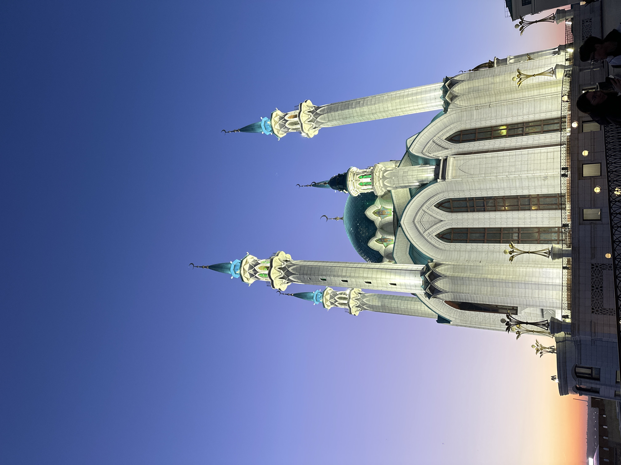 Kul Sharif Mosque illuminated at dusk in Kazan