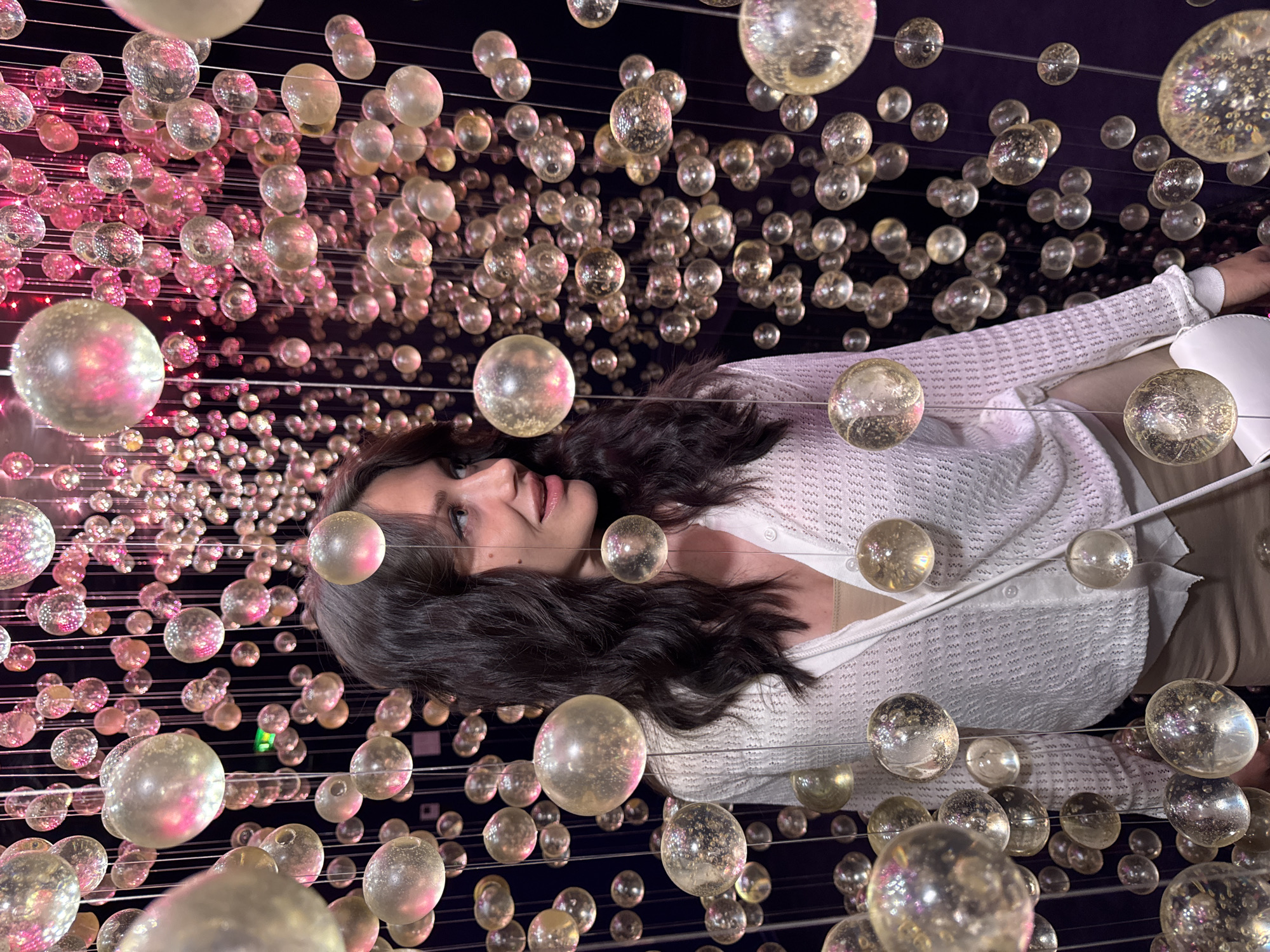 Inside a glowing glass sphere installation in Saint Petersburg