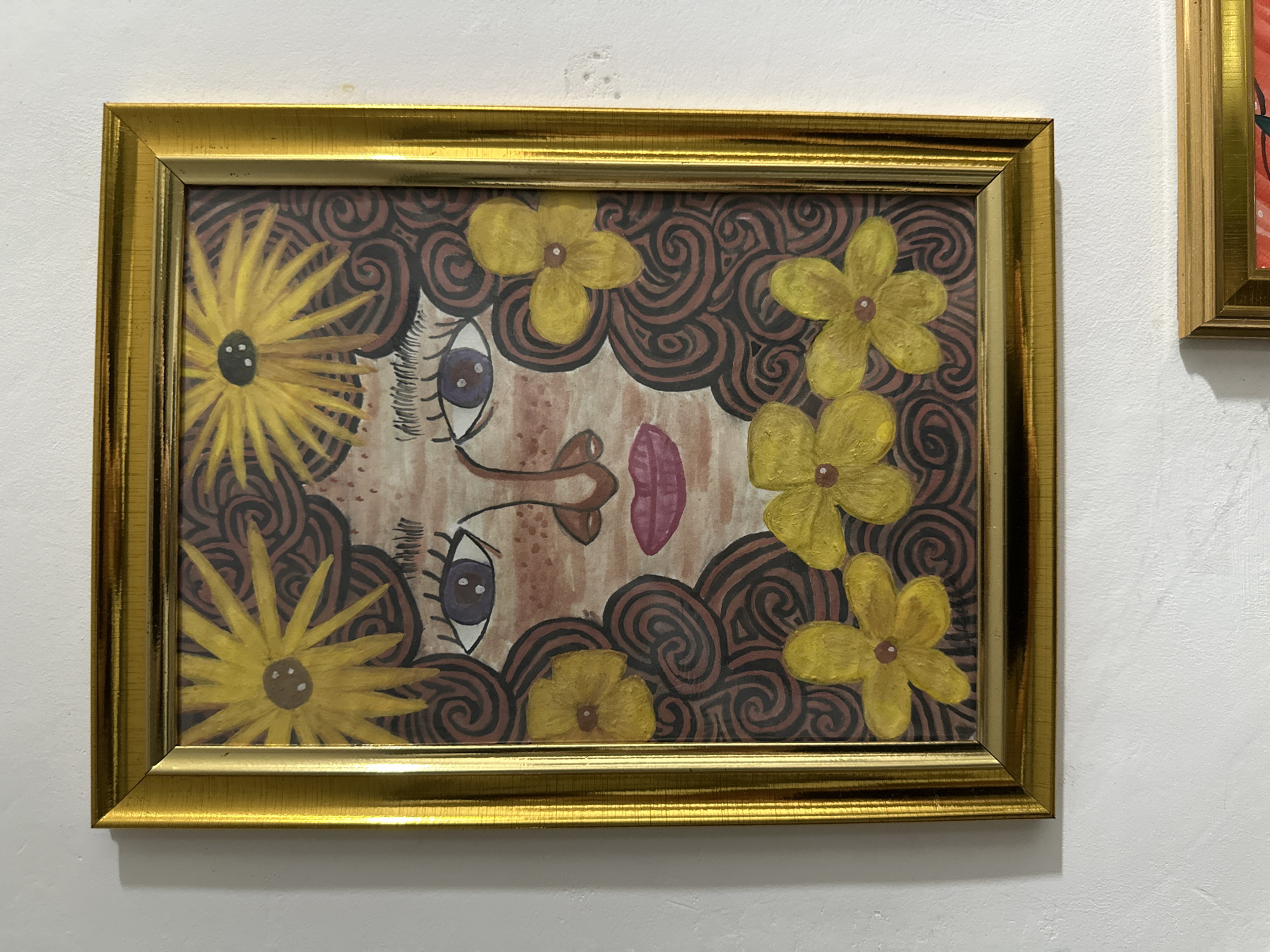 Art gallery visit documented with portrait paintings and flowers