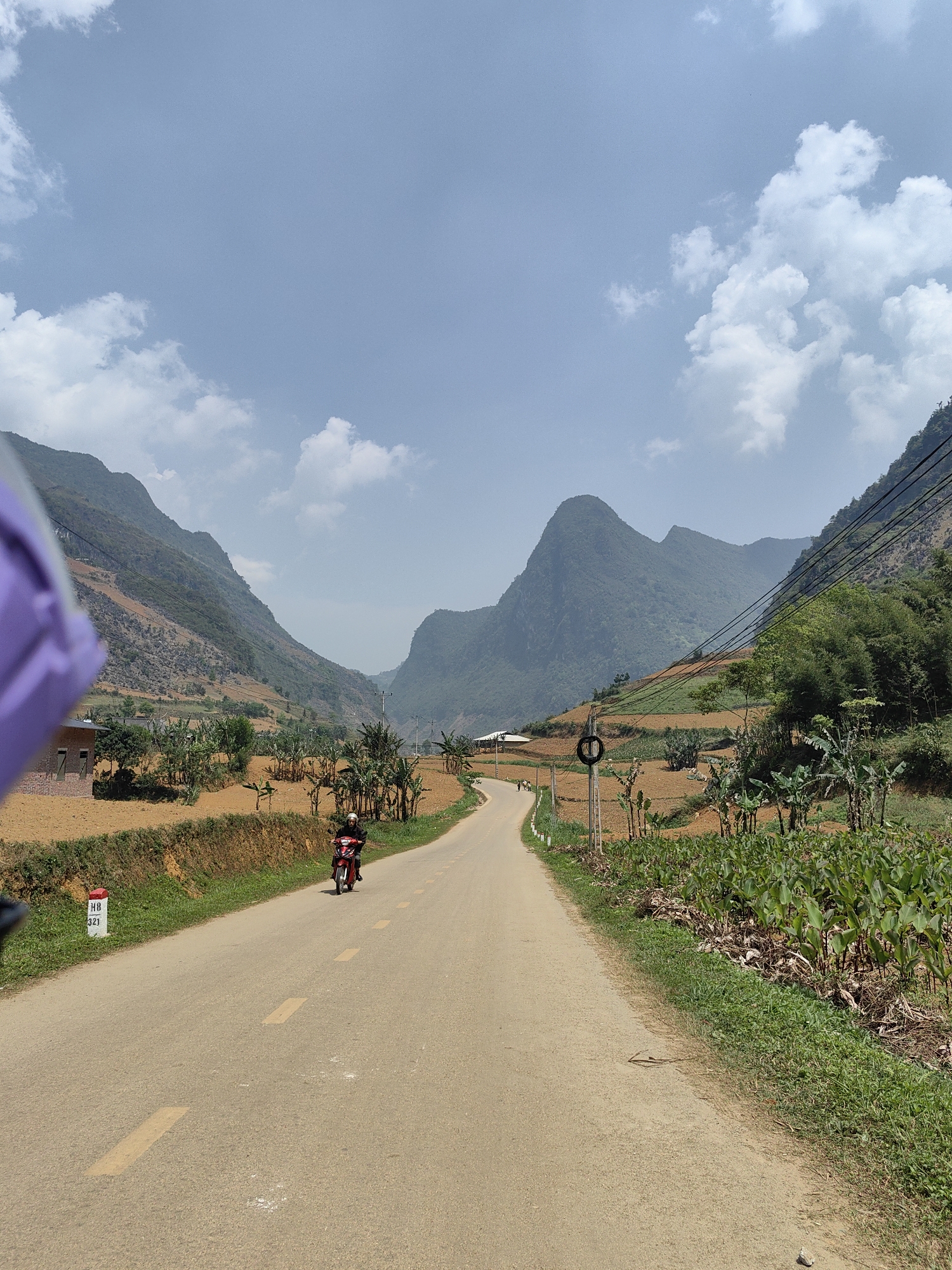 Motorcyclist travels rural road through terraced fields in Vietnam