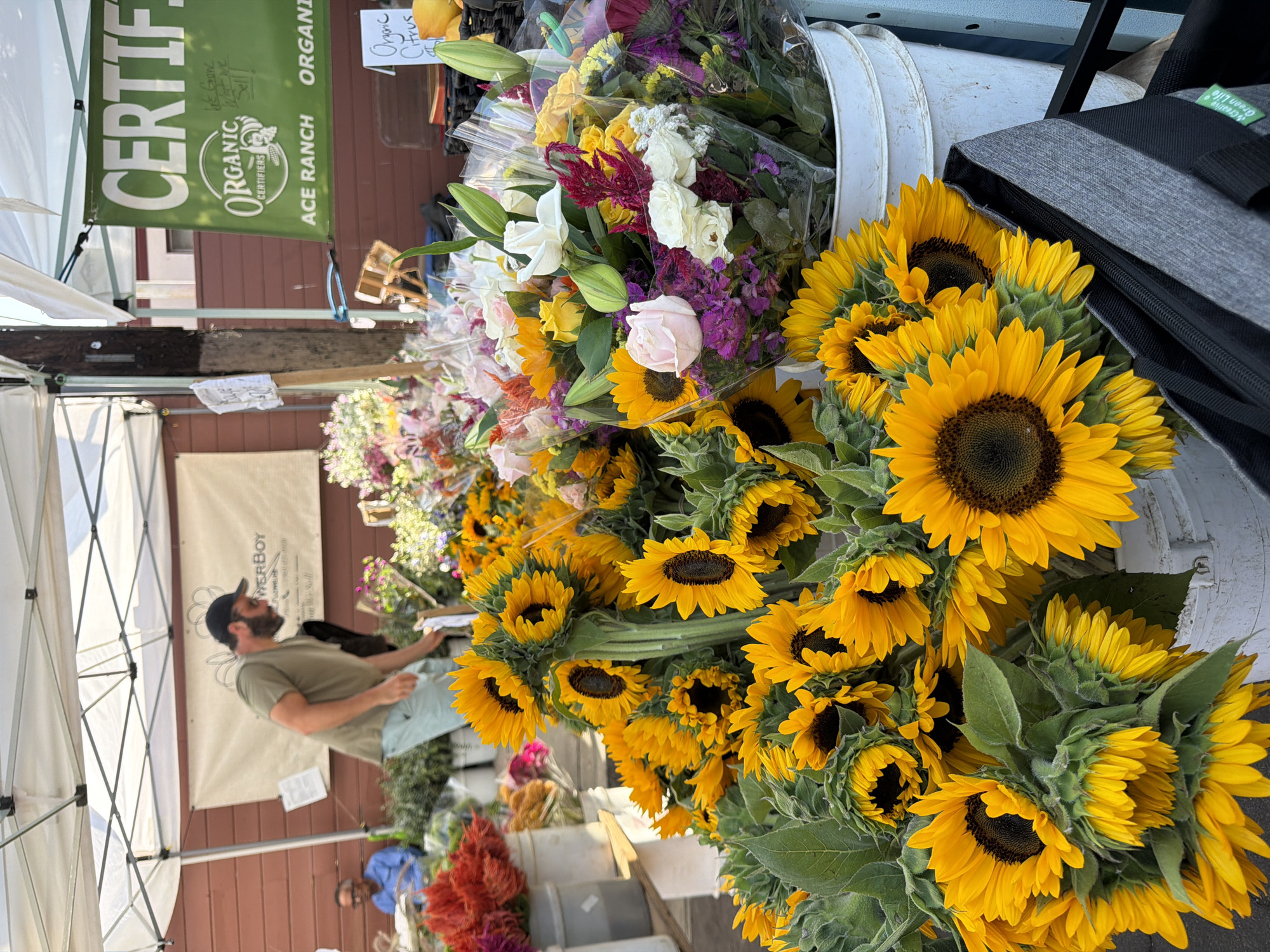 Colorful flower stand at an LA farmers' market