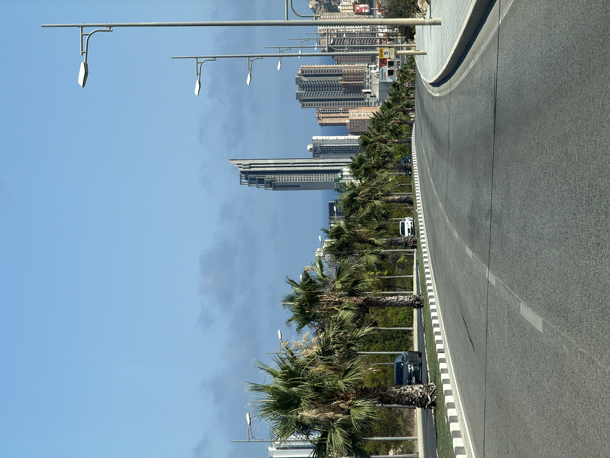 Palm-lined coastal road leading into Finestrat's city skyline
