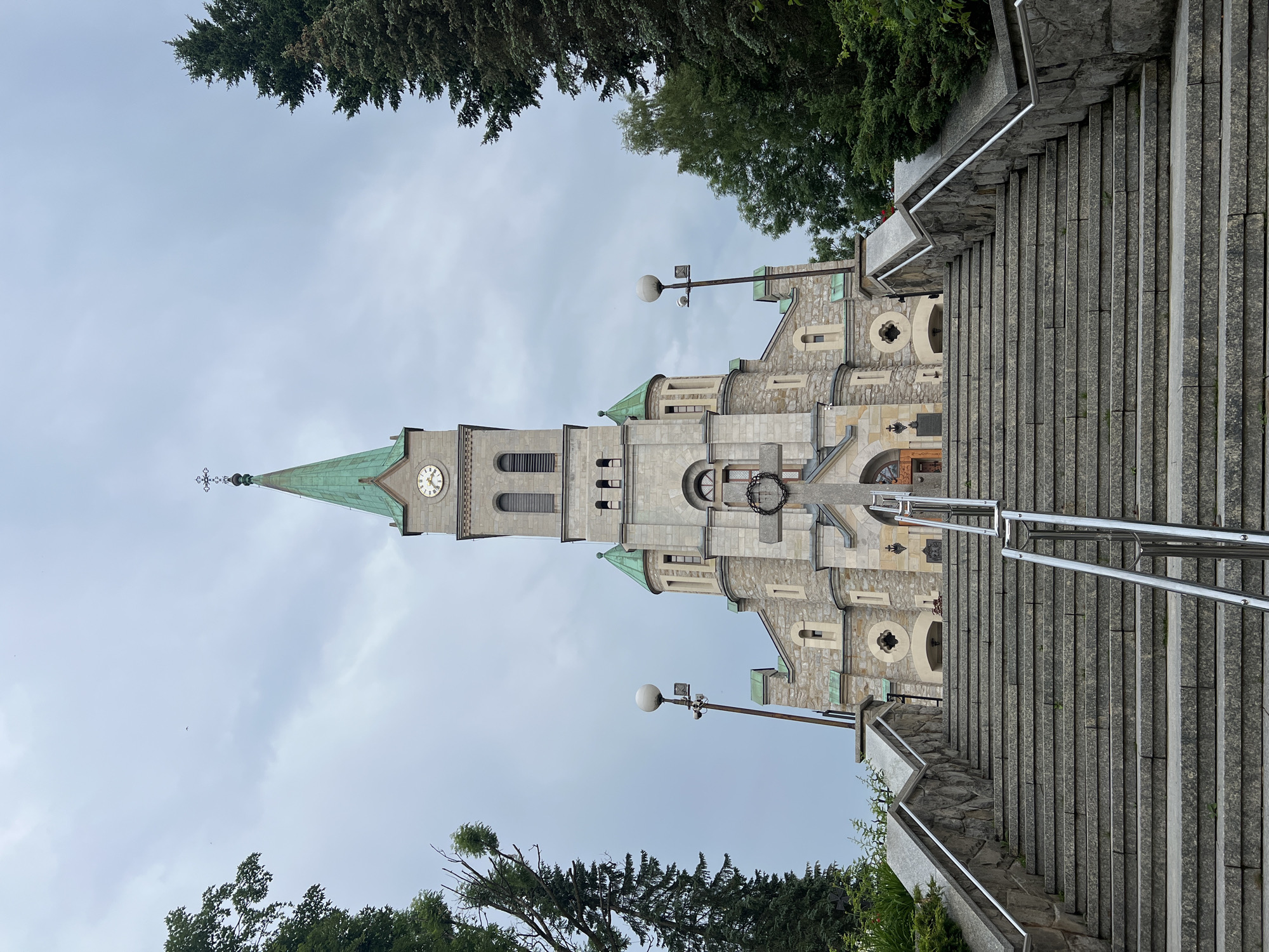 Stone church facade in overcast Zakopane, southern Poland