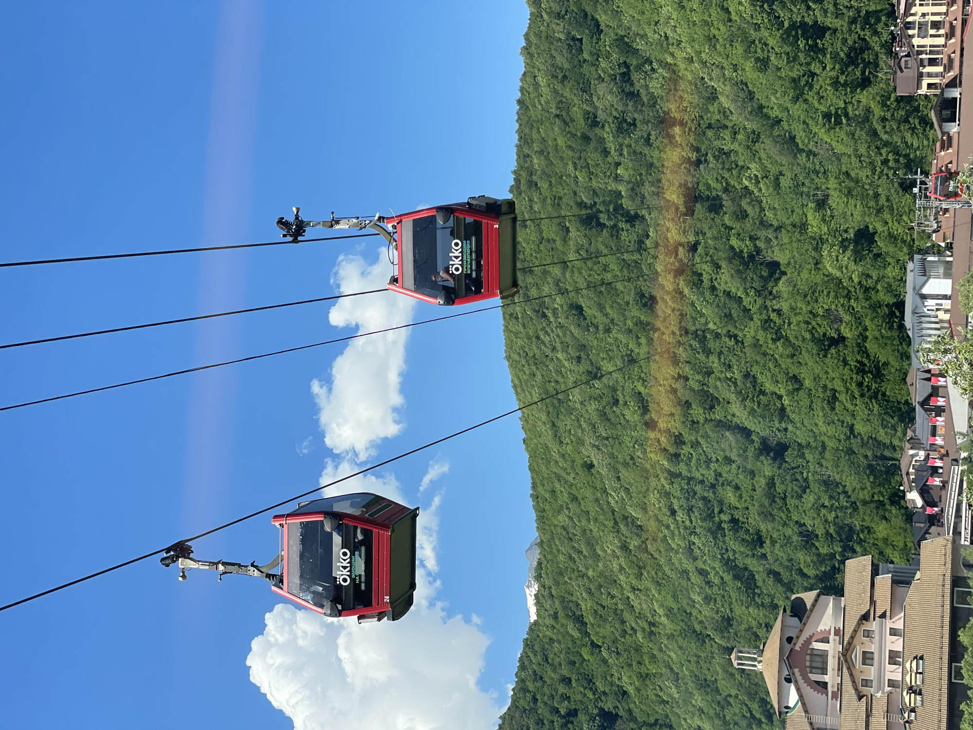Red cable cars ride high above Estosadok on a clear day