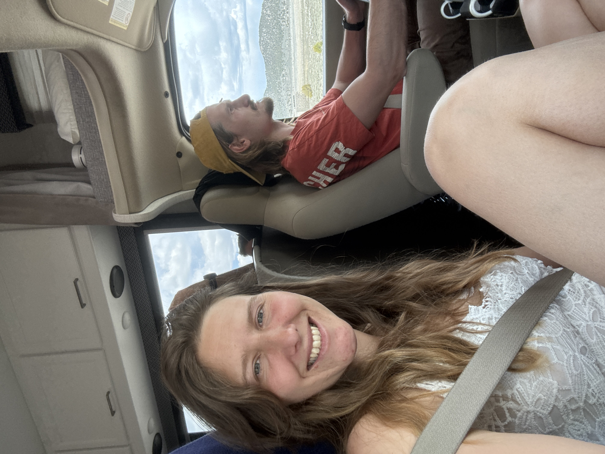 Woman documented in RV during evening road trip