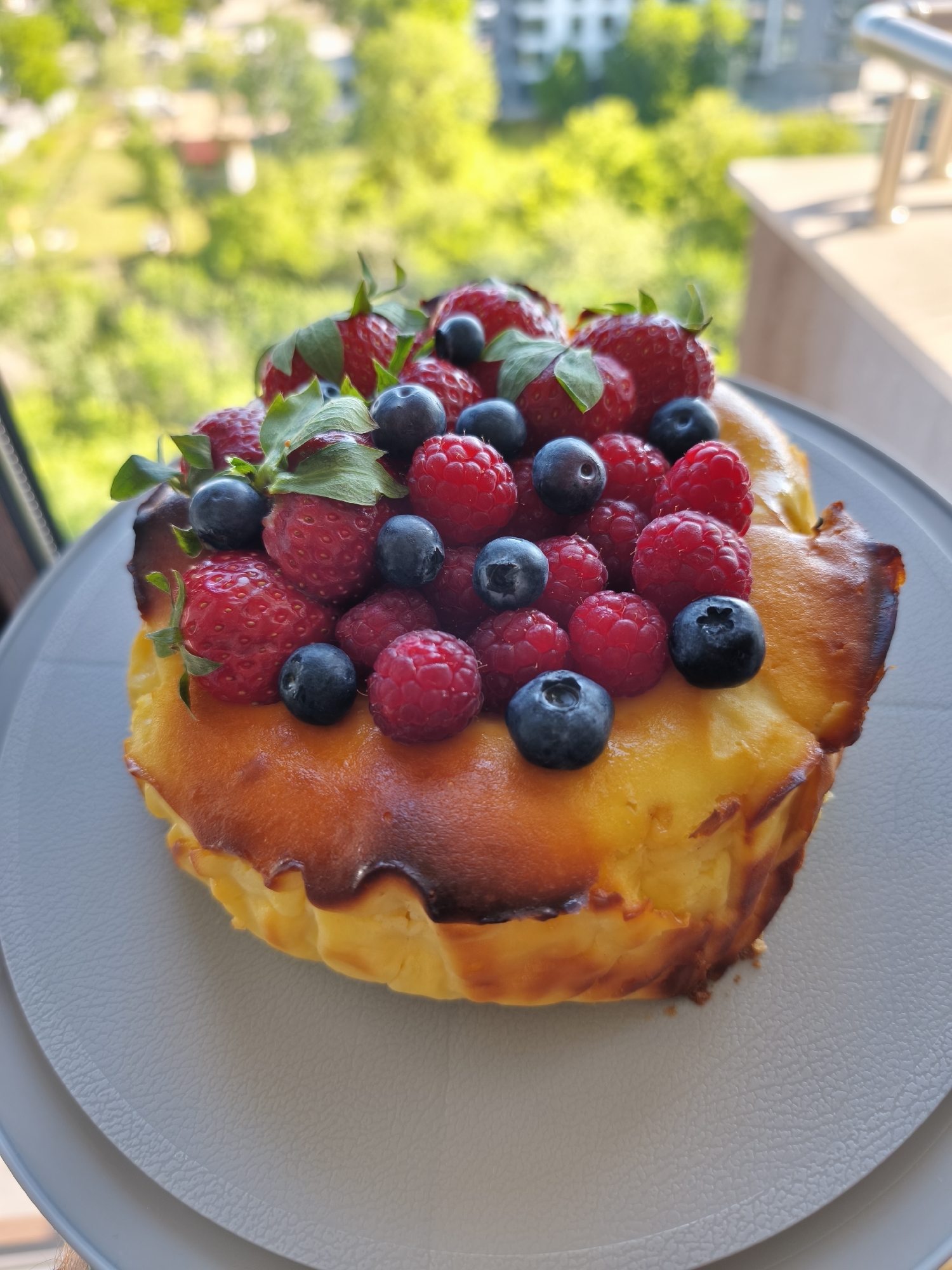 Berry-topped dessert photographed in Plovdiv morning hours