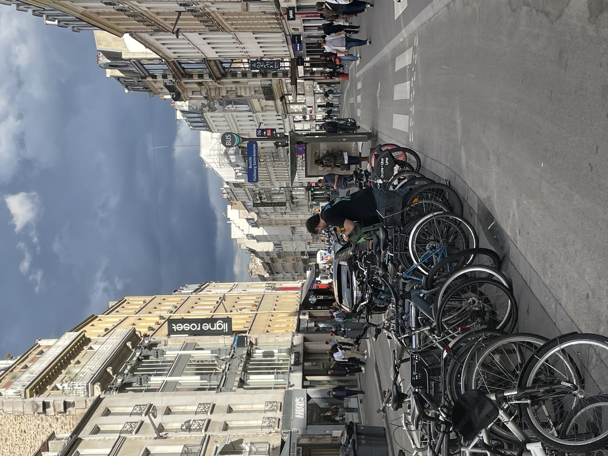 Parisian street scene captured under overcast afternoon skies