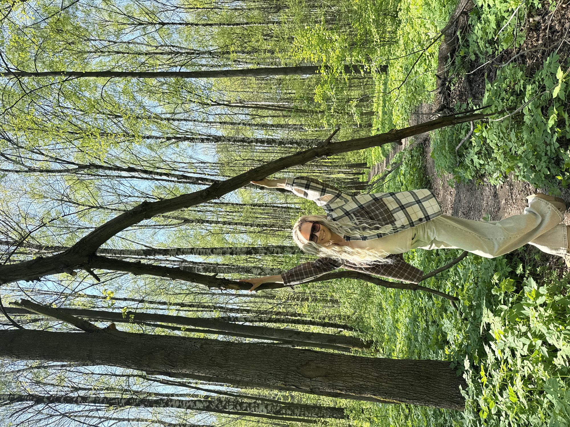 Woman holds fallen branch in sunlit forest