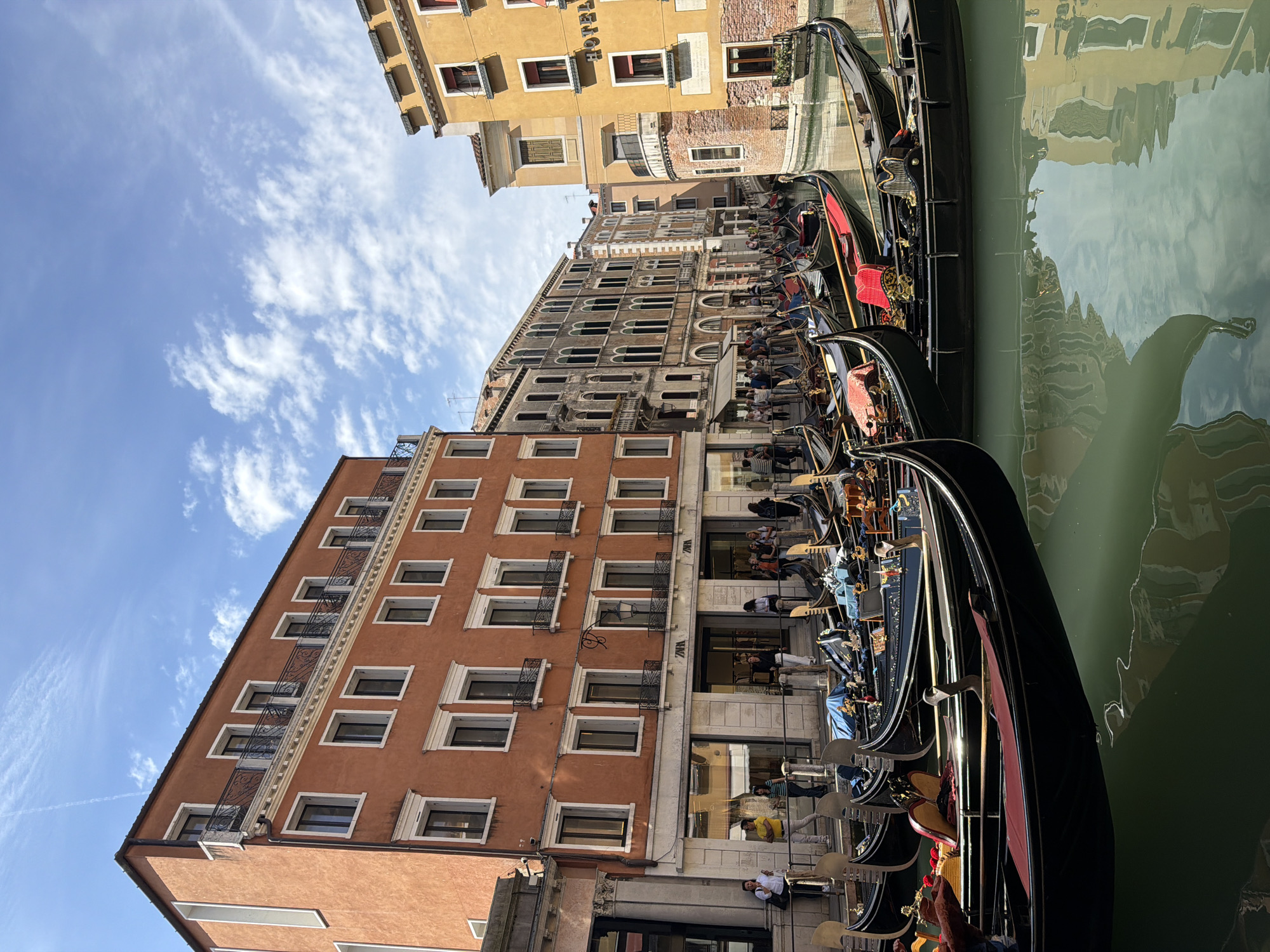 Venice tourism scenes captured including gondolas, luxury shops, masked visitor