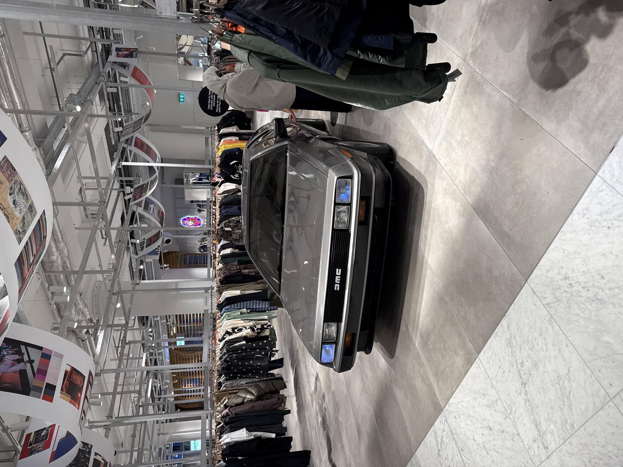 DeLorean sports car displayed inside London retail store