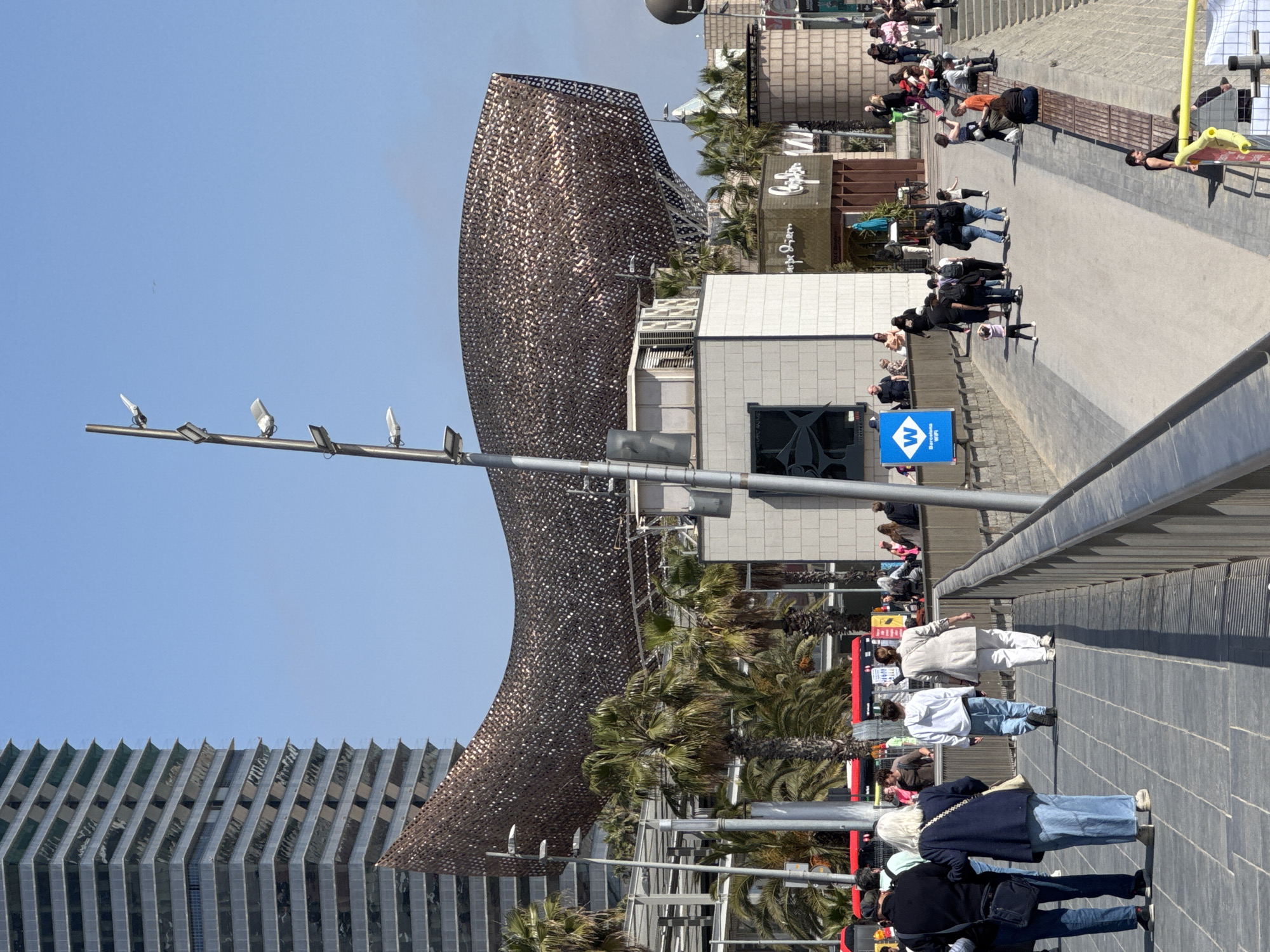 Gehry's Golden Fish sculpture observed near Barcelona beach
