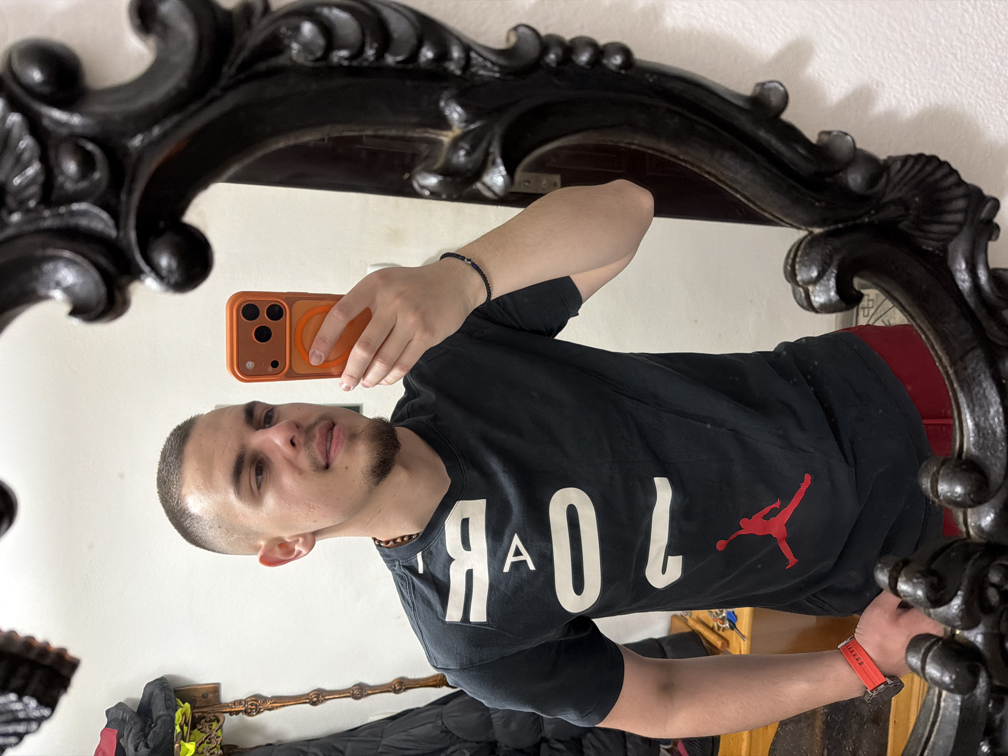 Person takes mirror selfies in ornate frame, Peshtera Bulgaria