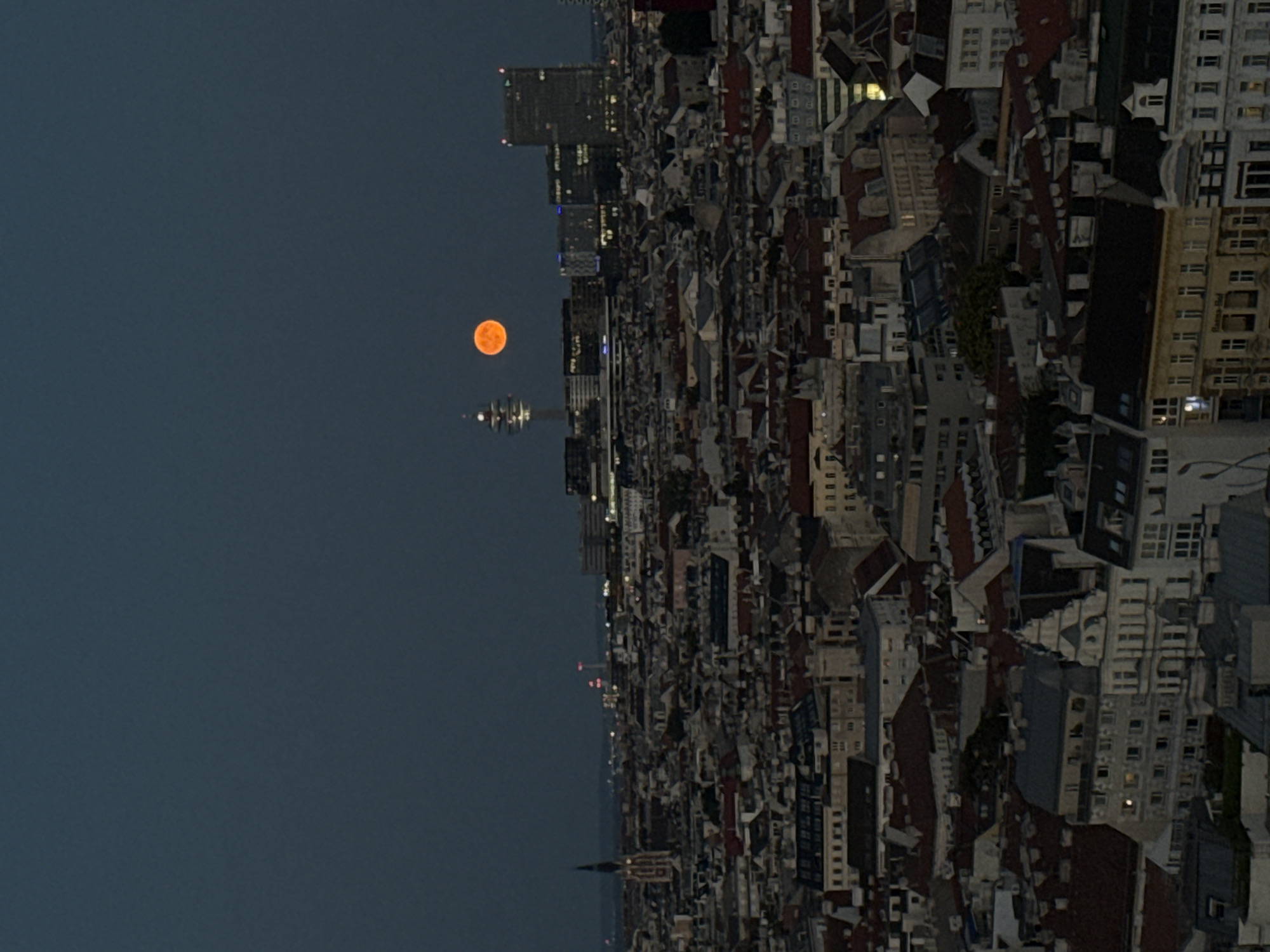 Full moon rises over Vienna's rooftops at dusk