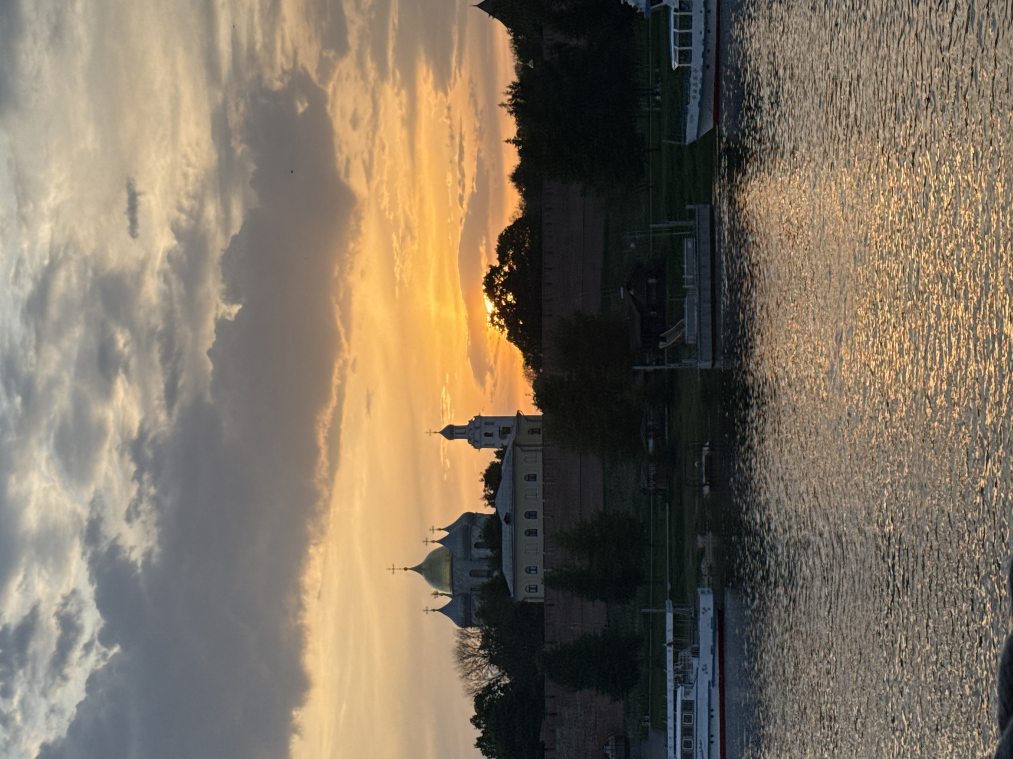 Sunset views captured across Veliky Novgorod riverfront evening