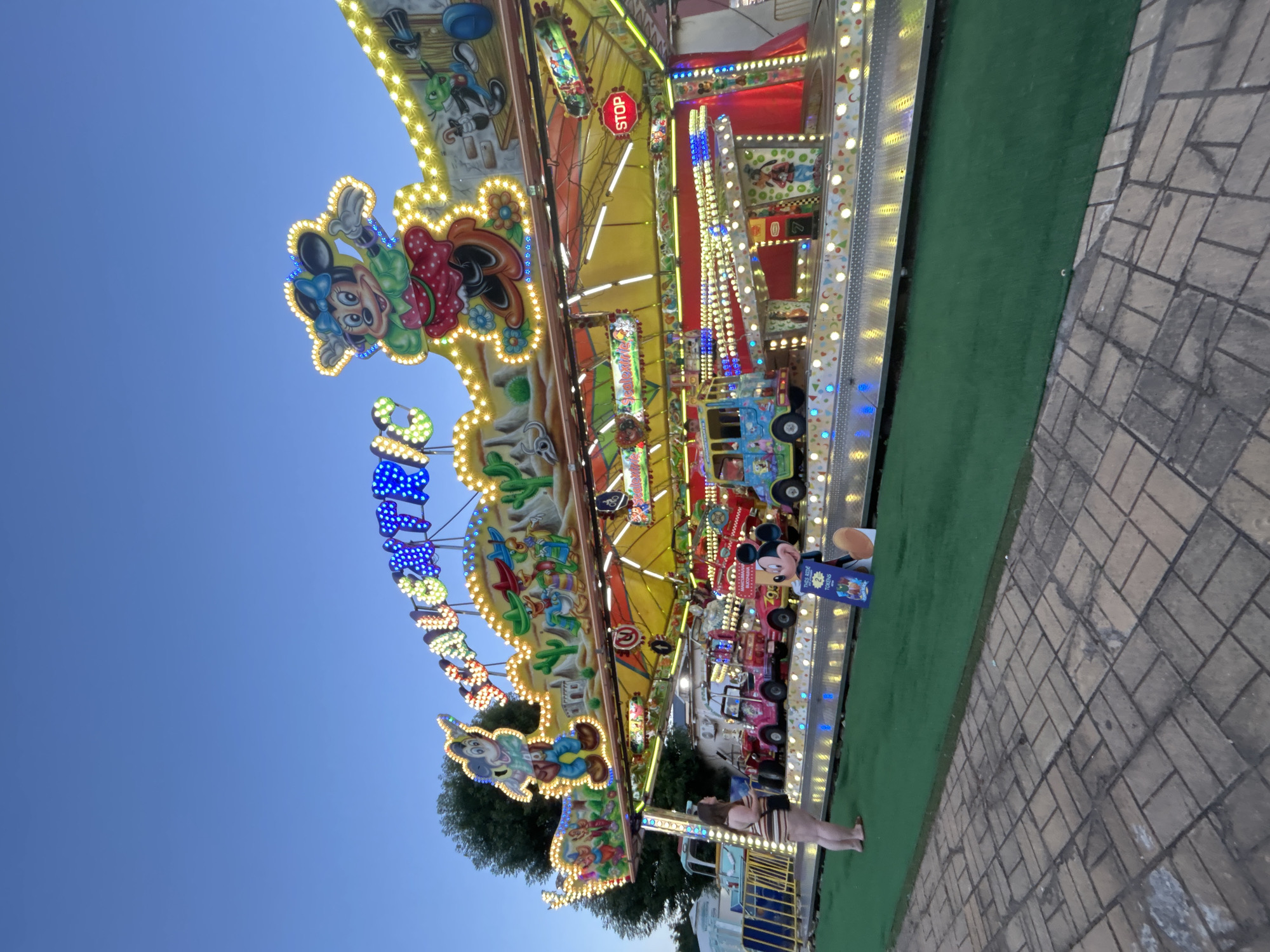Evening at amusement park with themed rides and attractions