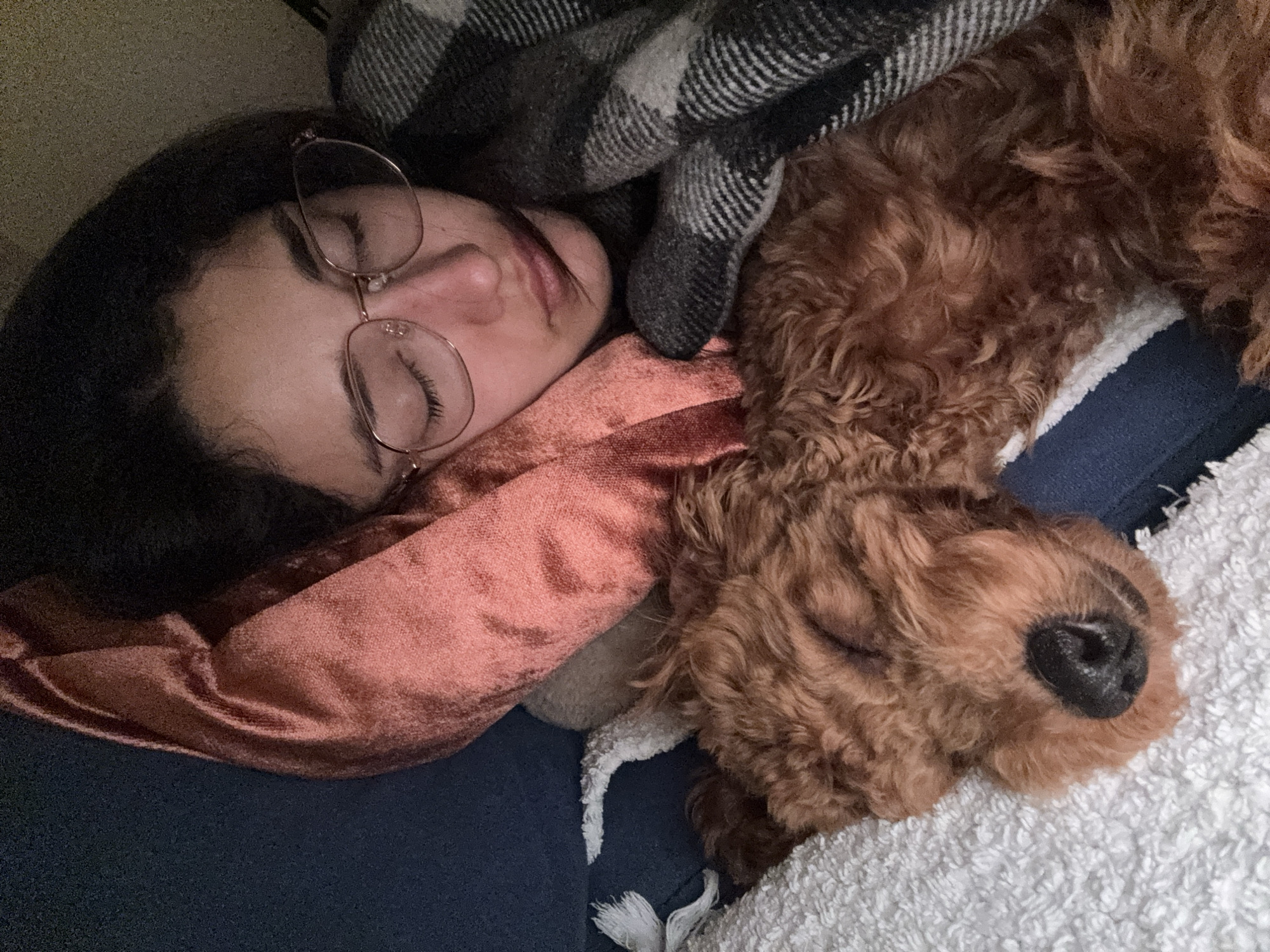 Woman and poodle rest together on couch in Montenegro