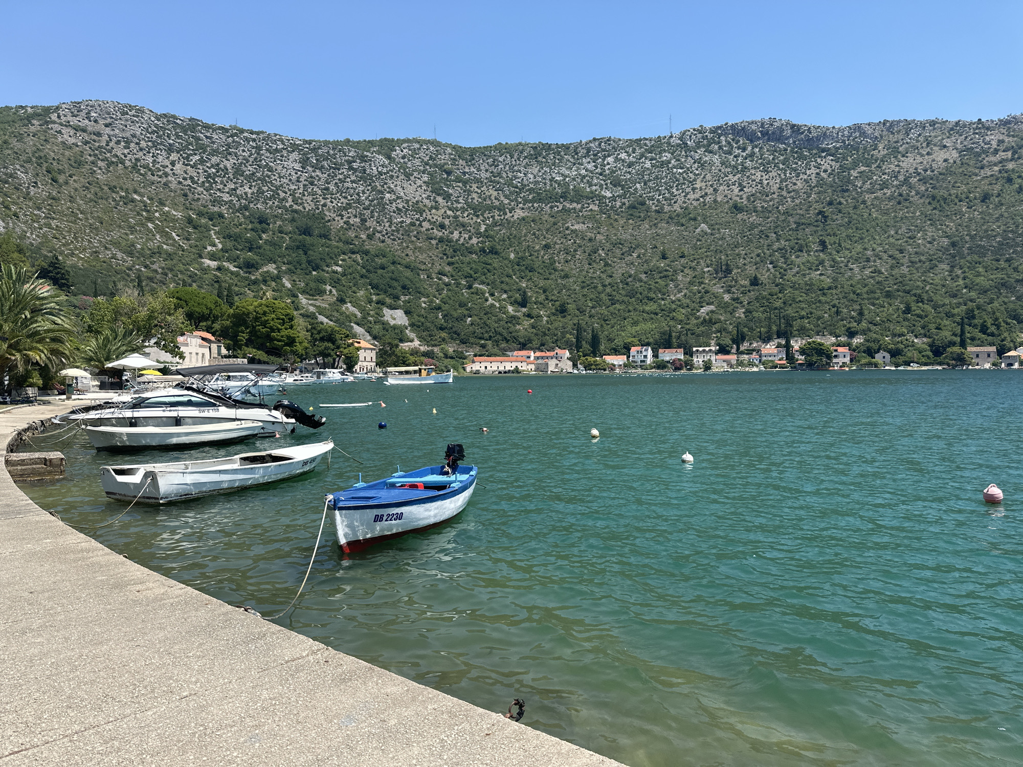 Calm morning on Dubrovnik's waterfront, boats and red rooftops