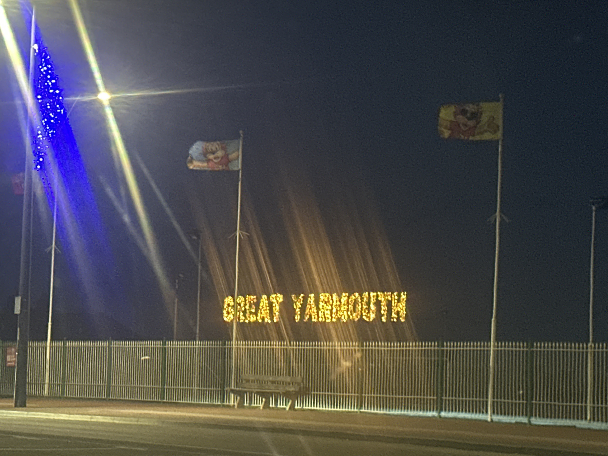 Evening documentation of illuminated Great Yarmouth promenade decorations