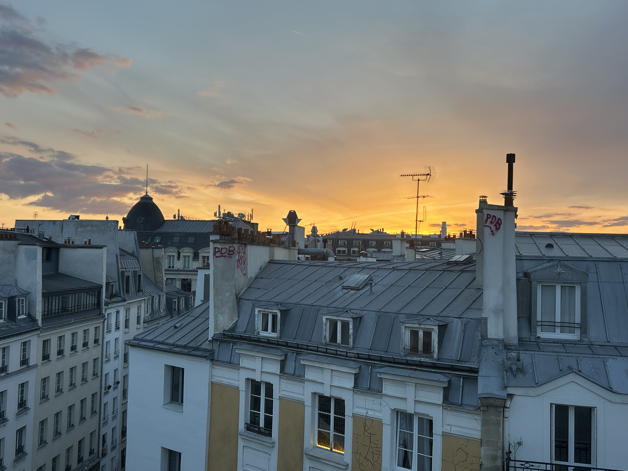 European cityscape photographed at sunset from elevated position