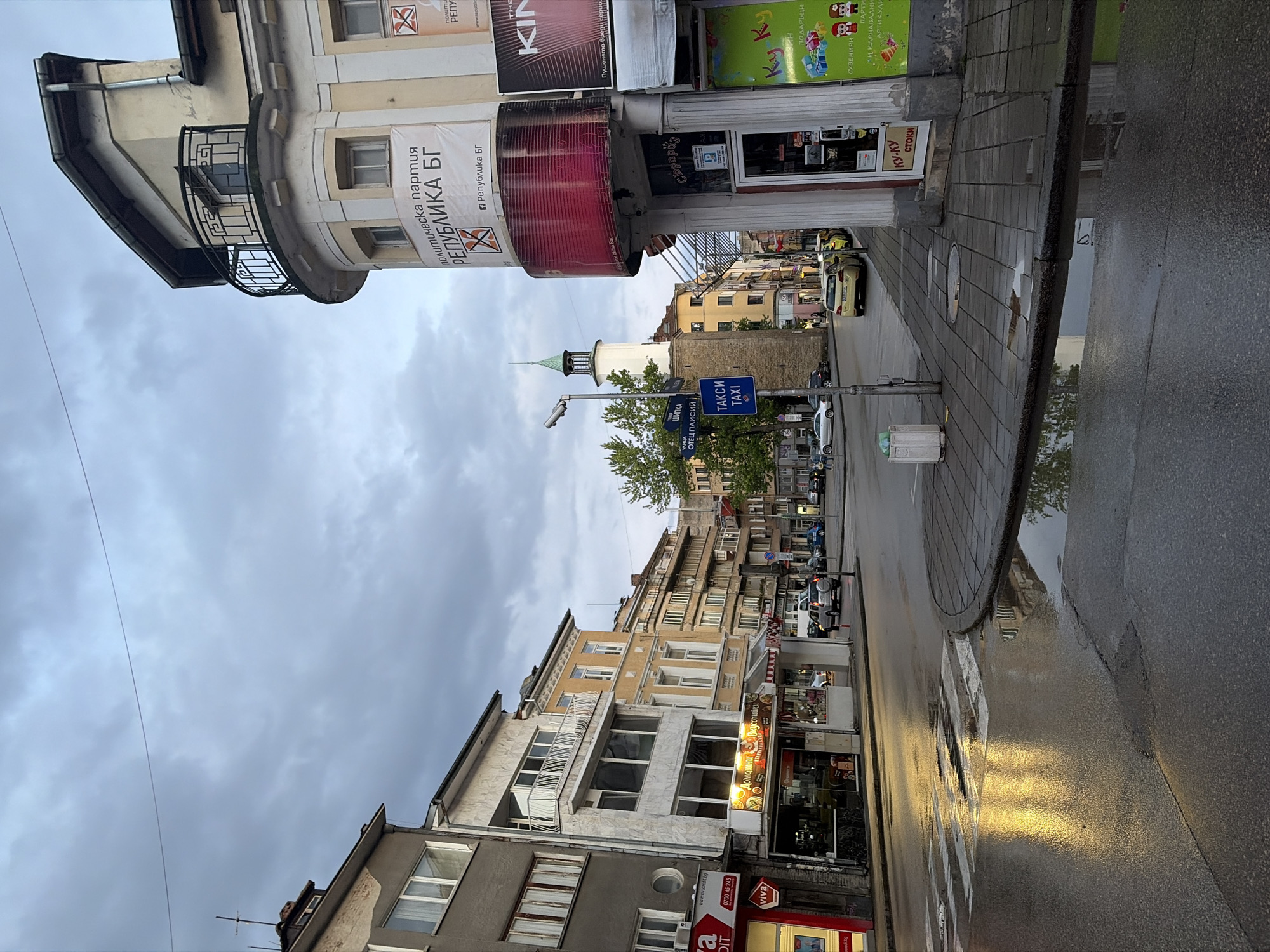 Wet streets captured in Gabrovo Bulgaria after evening rainfall