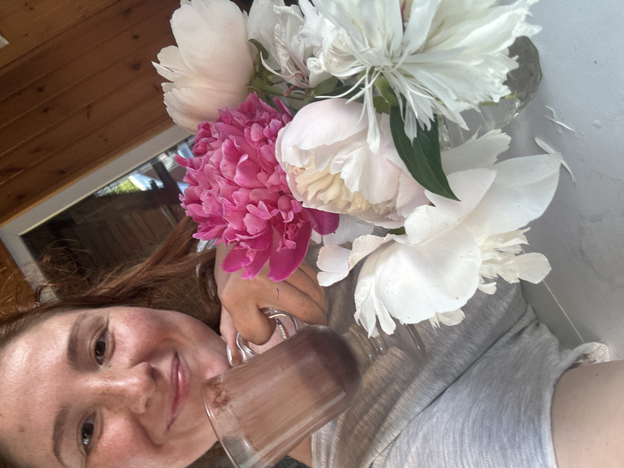 Hot chocolate and peonies at home in Nizhny Novgorod