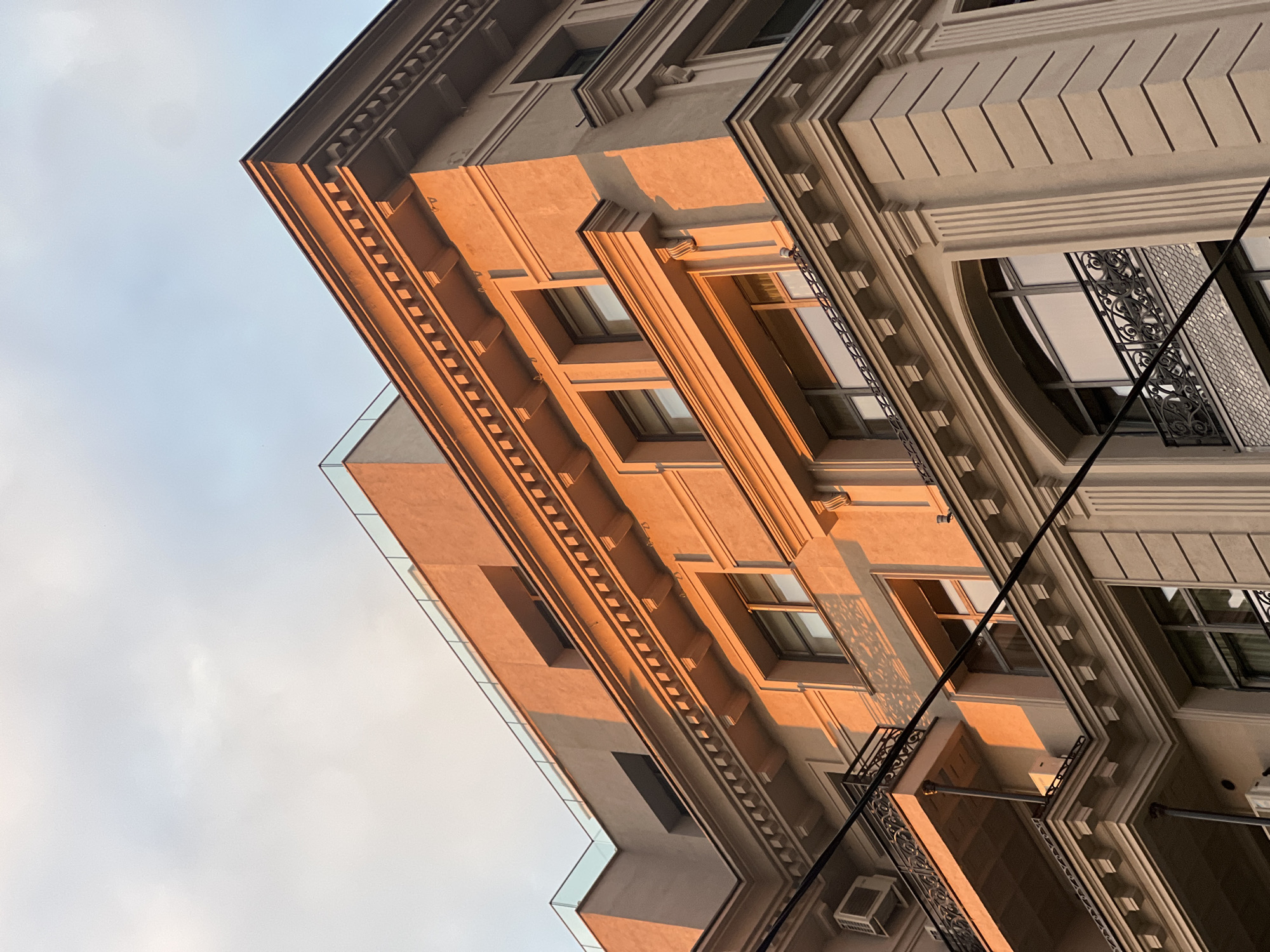 Ornate Moscow building facade, shot close and low
