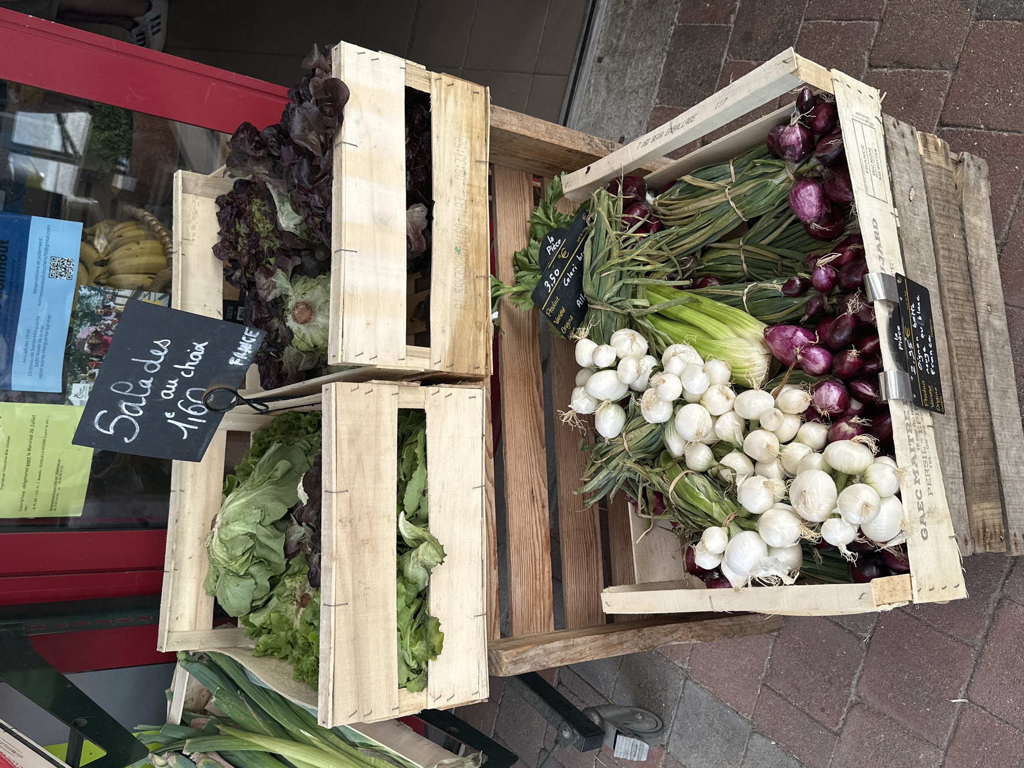 Morning market haul from a Normandy village, baguettes and all