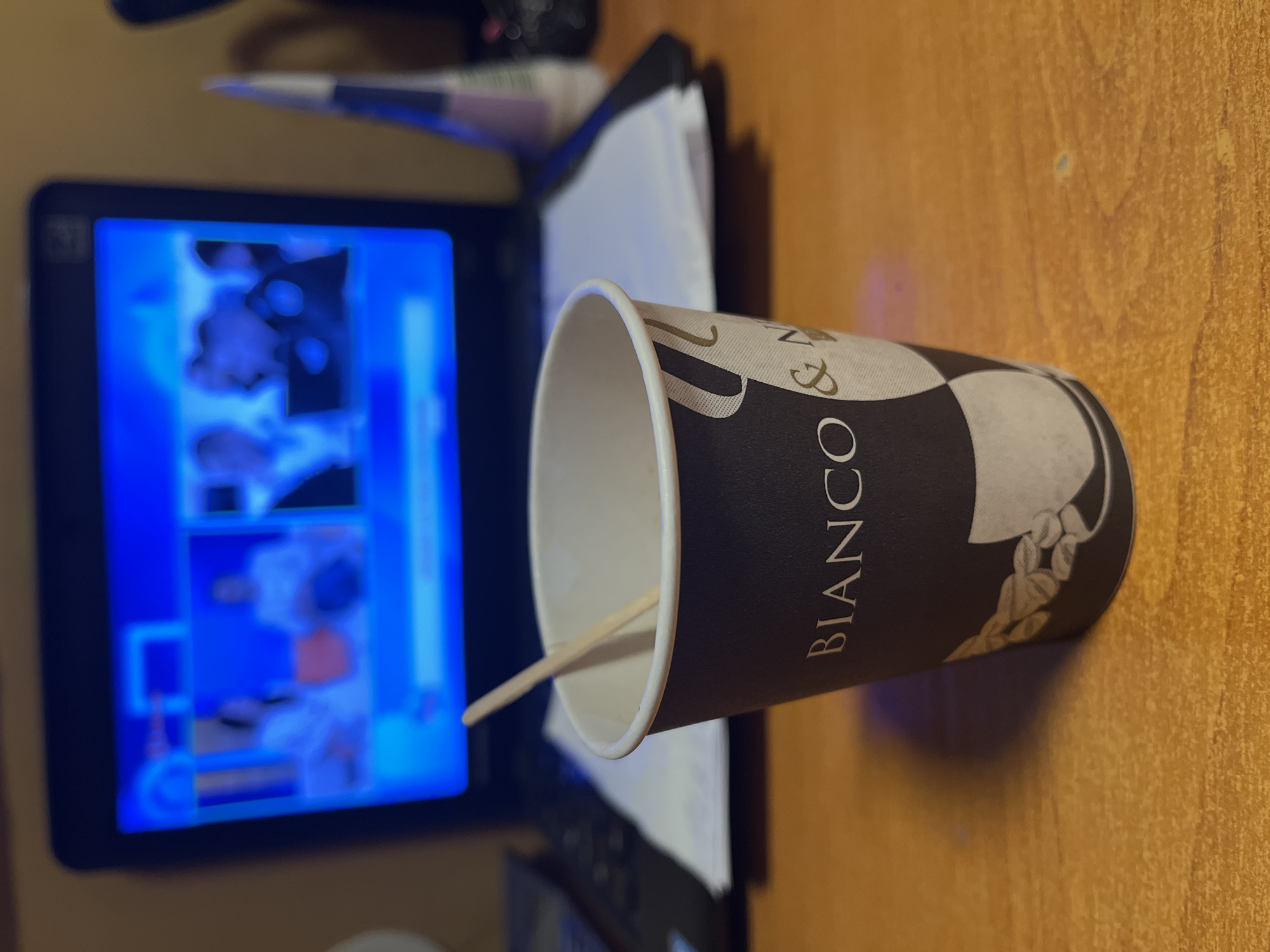 Coffee cup and laptop news broadcast observed in Smolyan