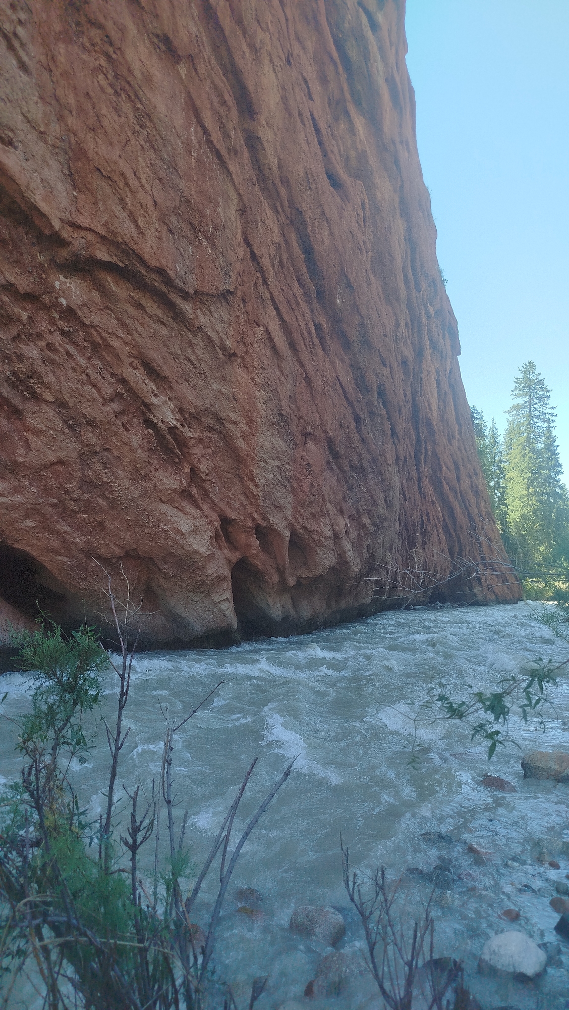 Fast canyon river cutting through red sandstone walls