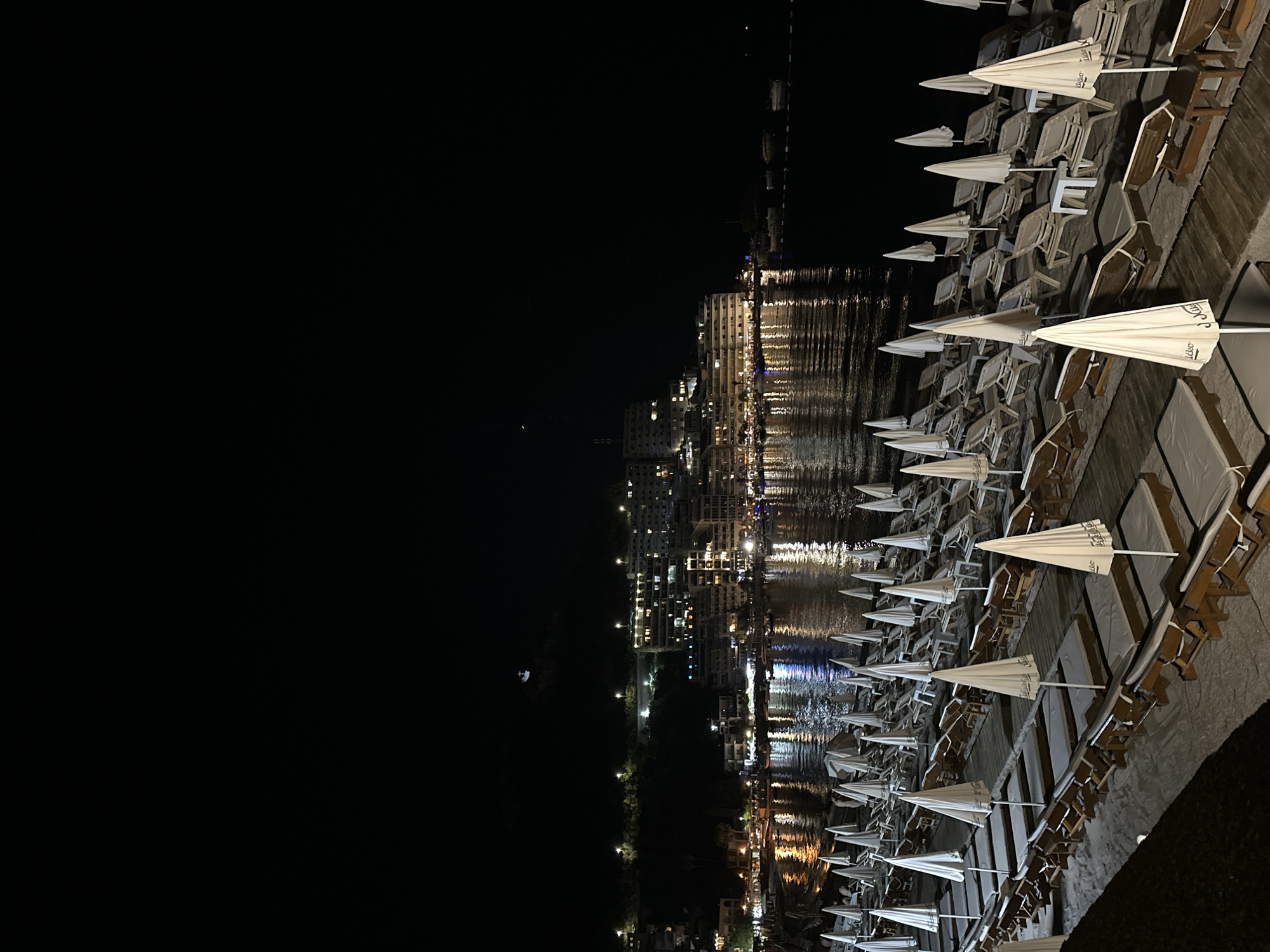 Rafailovići beach at night, town lights on the water