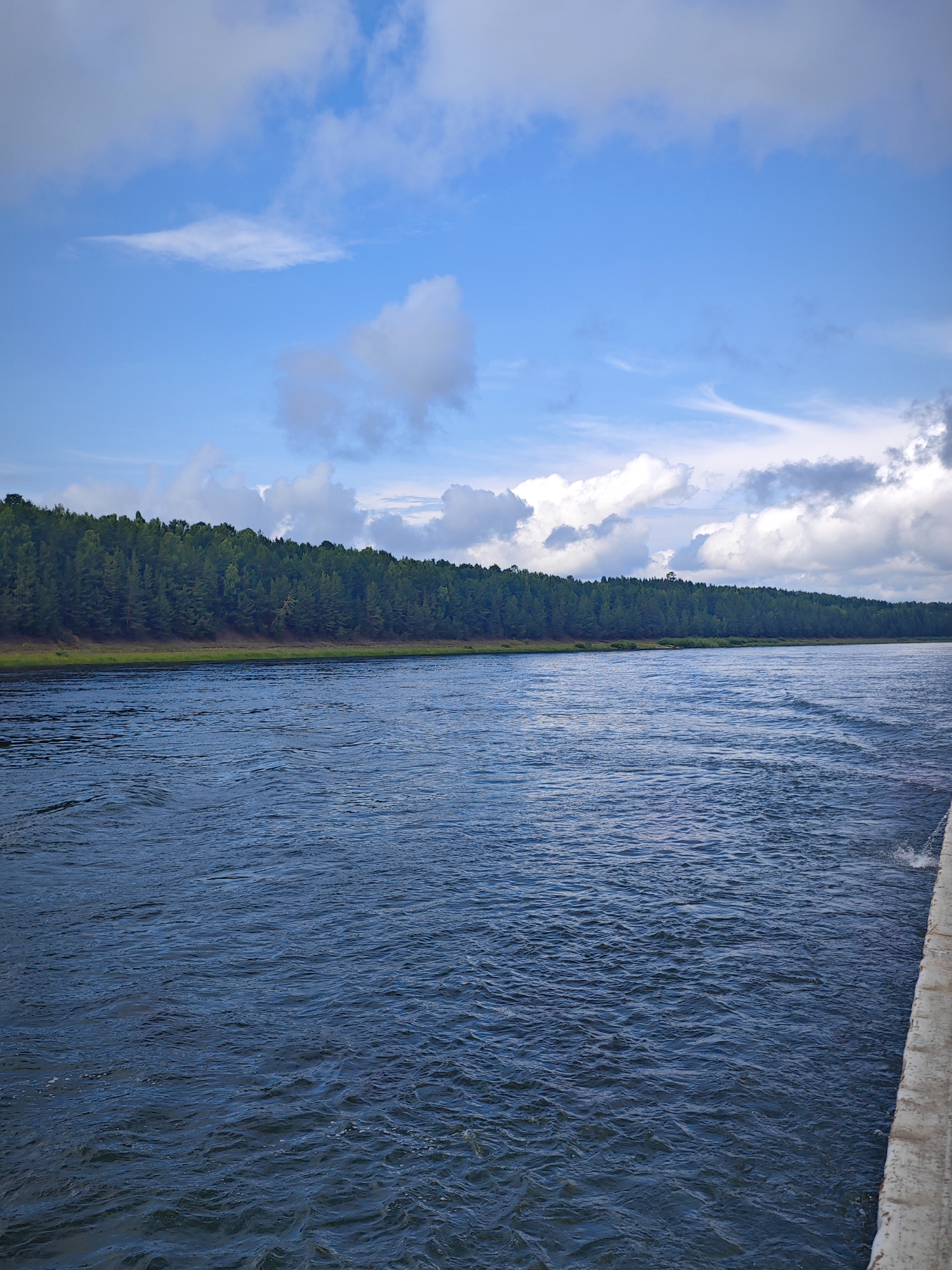 Wide Siberian river with forested banks and a crane nearby