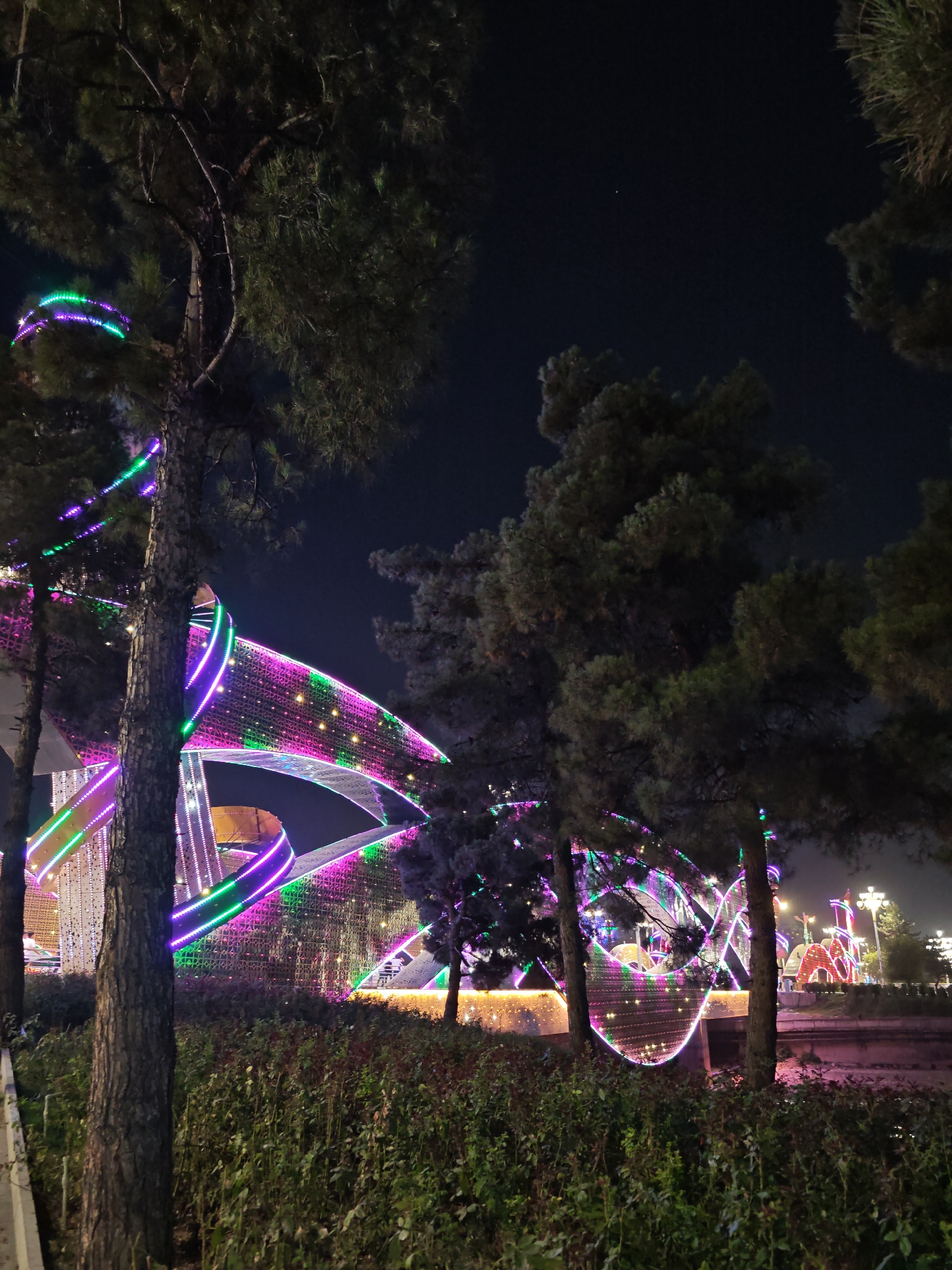 Dushanbe's illuminated landmarks on a summer night