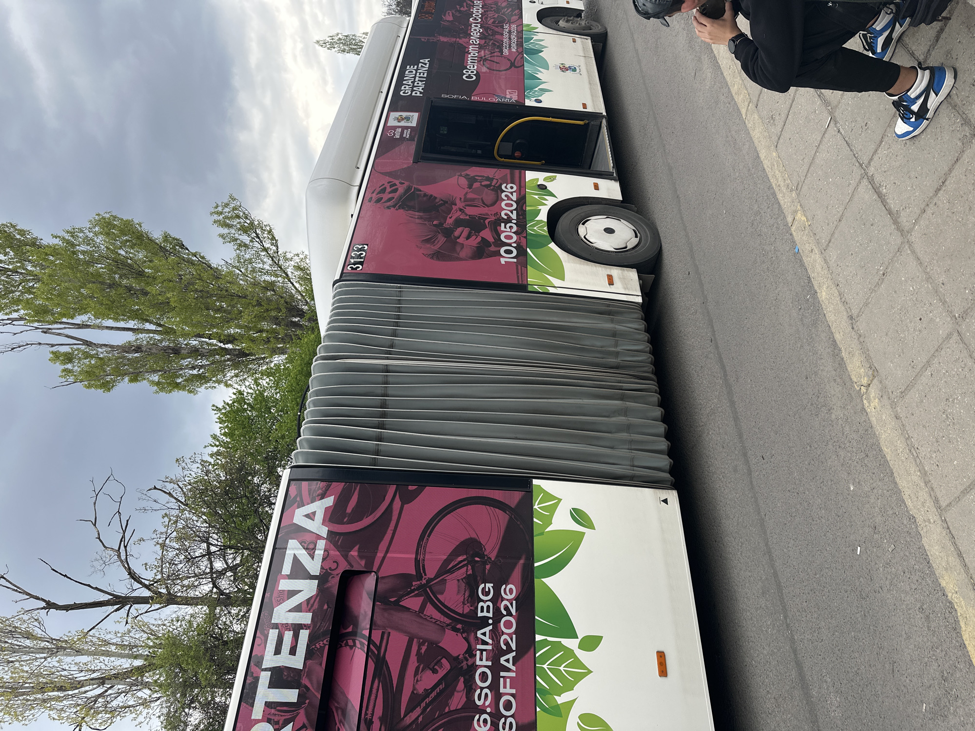 Promotional bus spotted on Sofia street during overcast afternoon