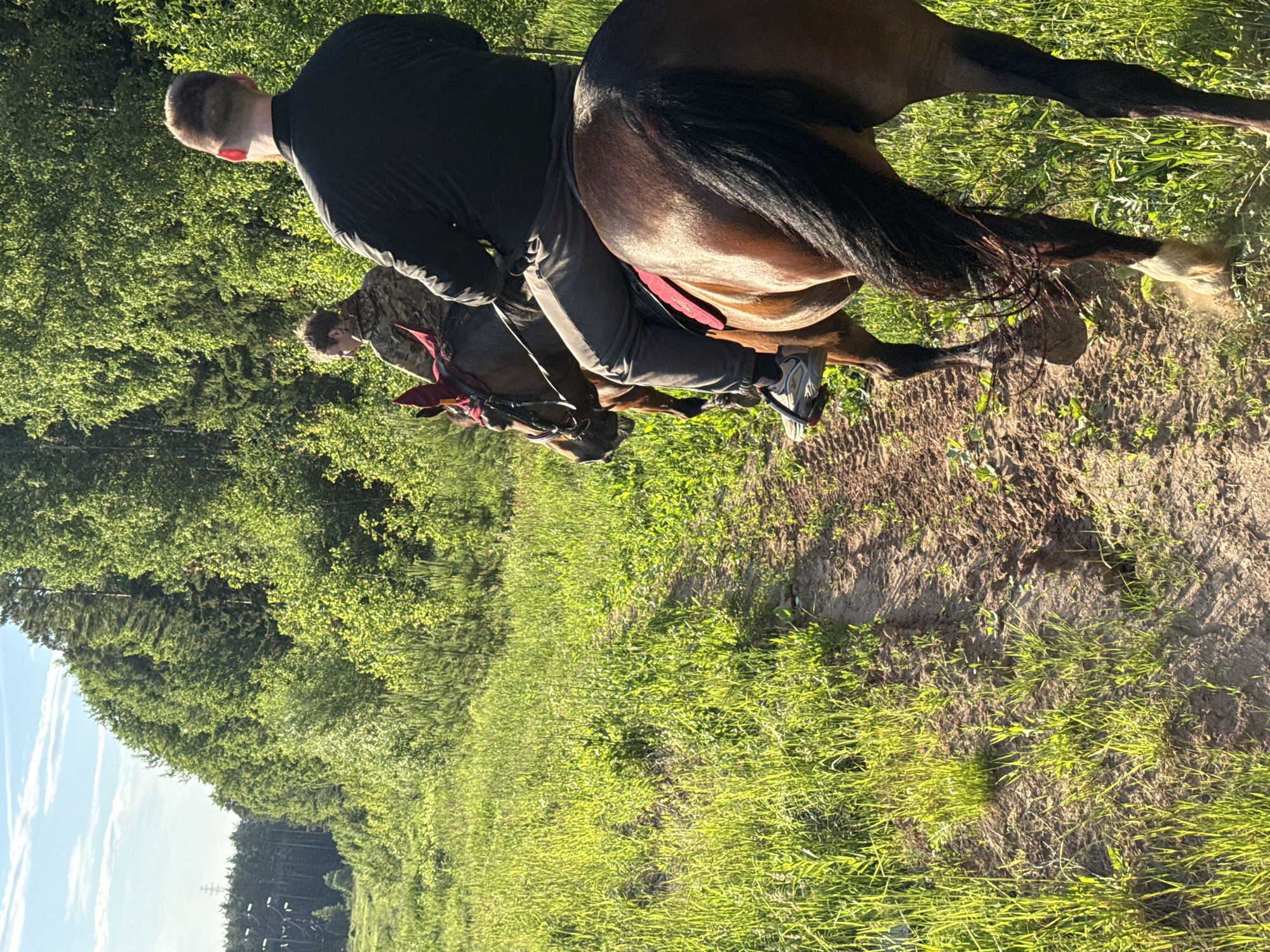 Horseback riders enjoy afternoon trail ride near Russian forest