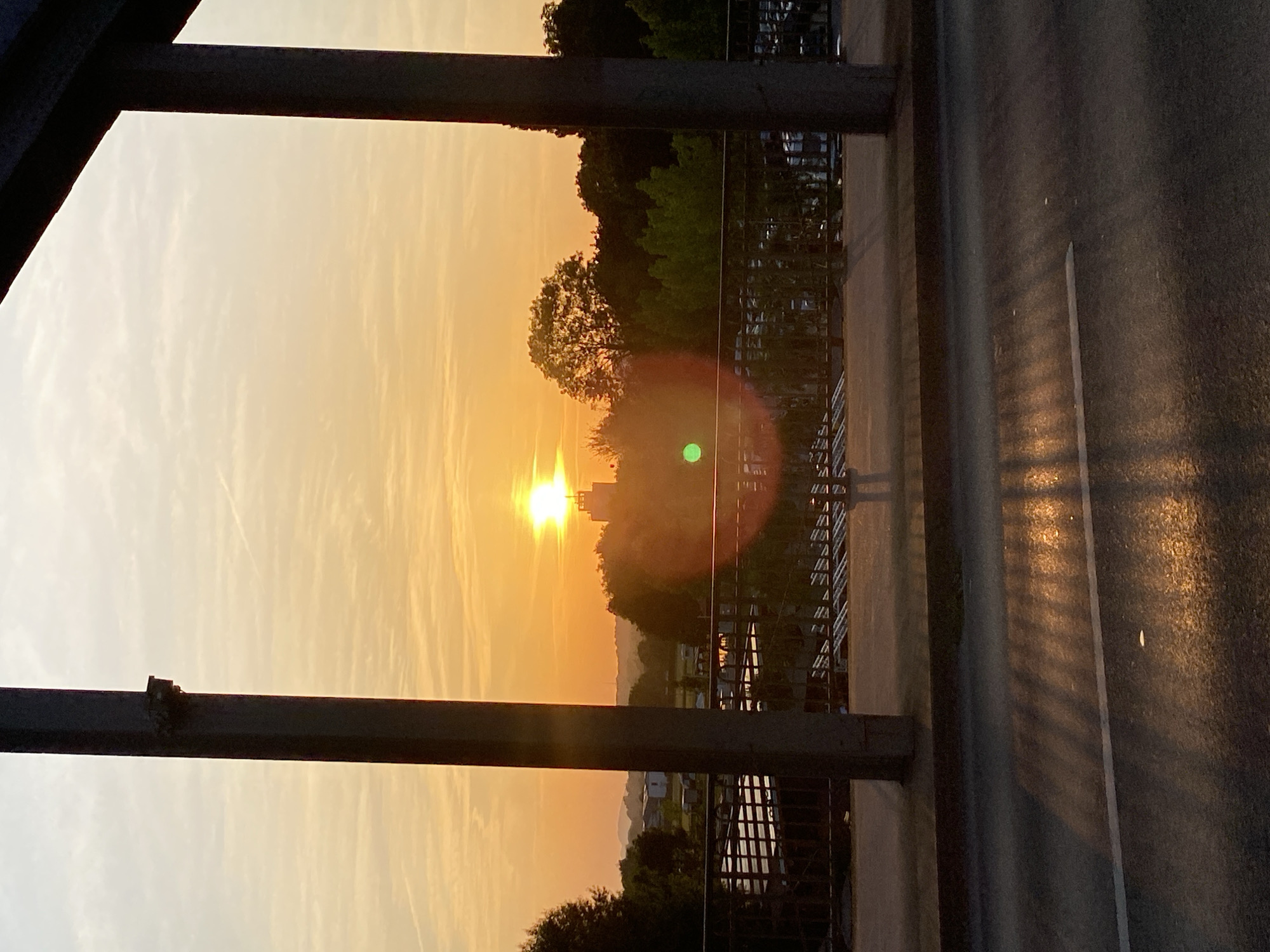 Sunset from a Rinteln bridge, coffee cup on the railing