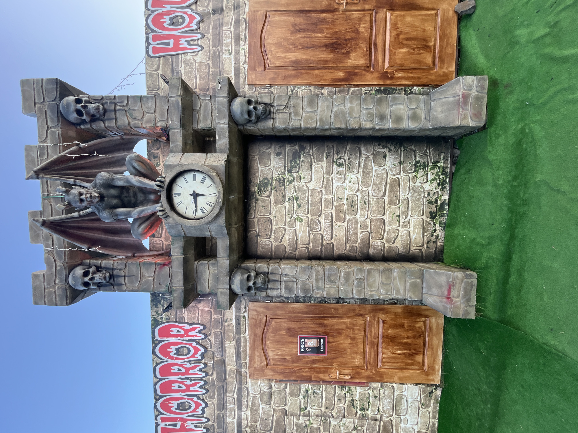 Stone castle-style horror attraction entrance in Nesebar, Bulgaria