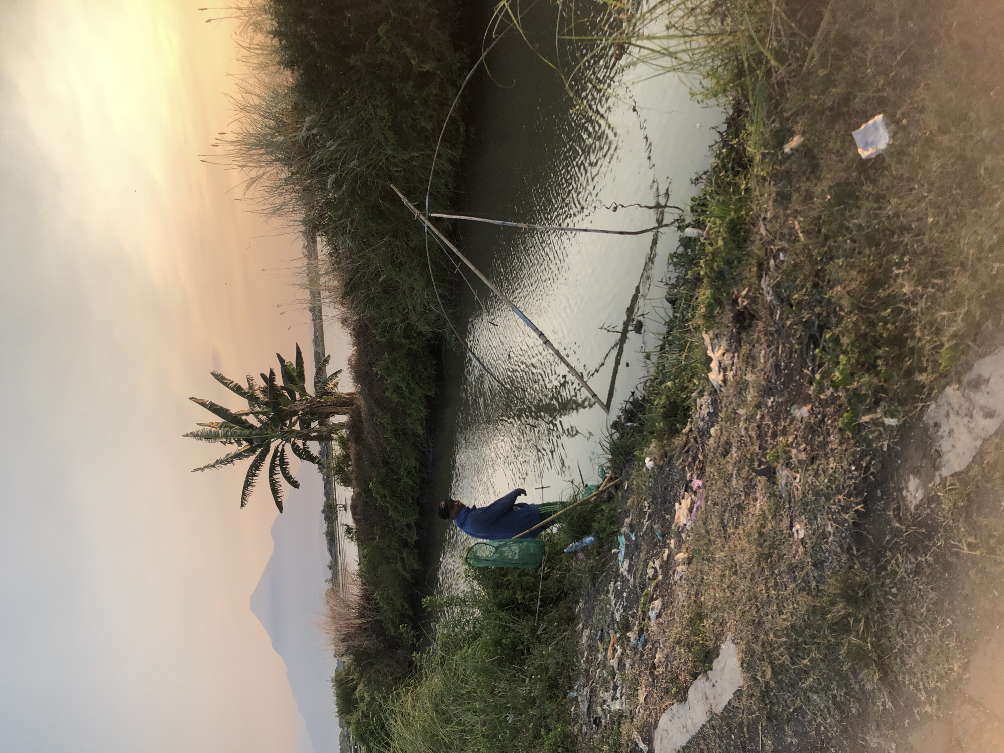 Fish farms, flooded fields, and rural streets at dusk in East Java