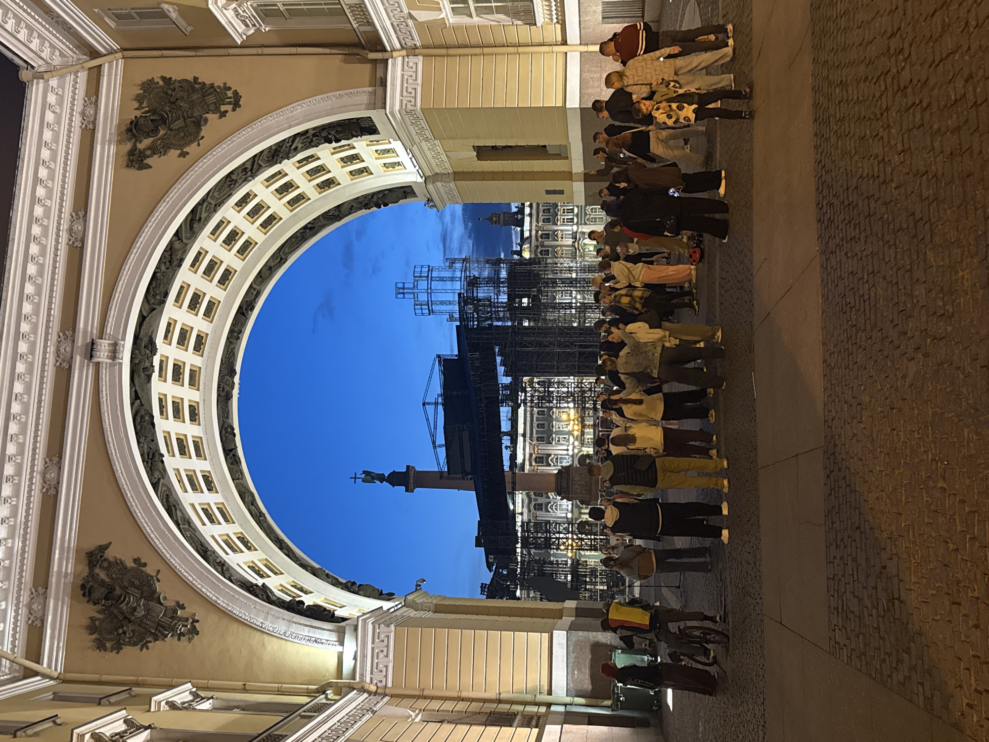 Street performance in Palace Square at dusk, Saint Petersburg